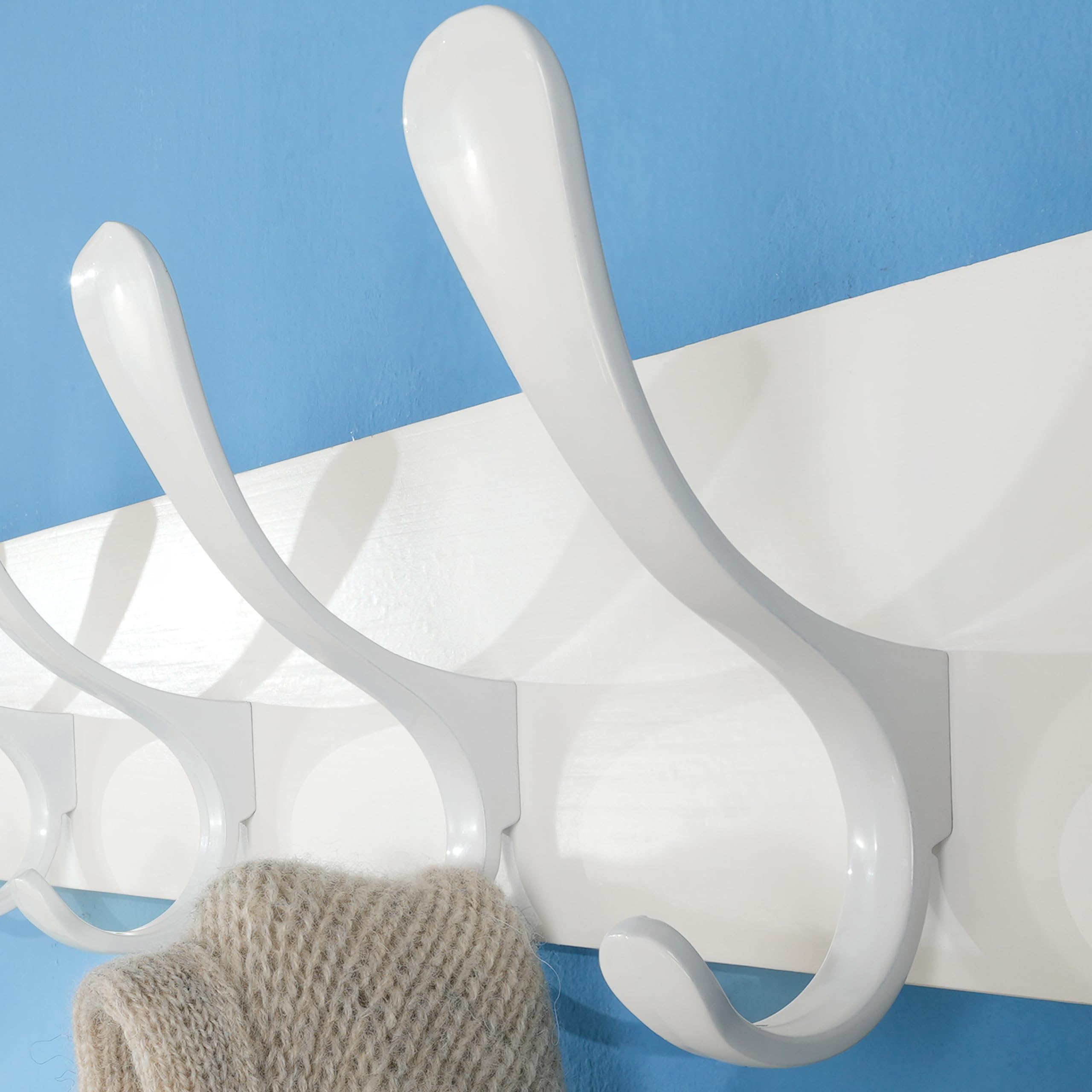 SKOLOO Coat Rack Wall Mount - Wooden White Wall Coat Hook, Pack of 2, Wall Coat Hanger Rack with 6 Hooks for Hanging Coats, Hats, Clothing, Scarfs,