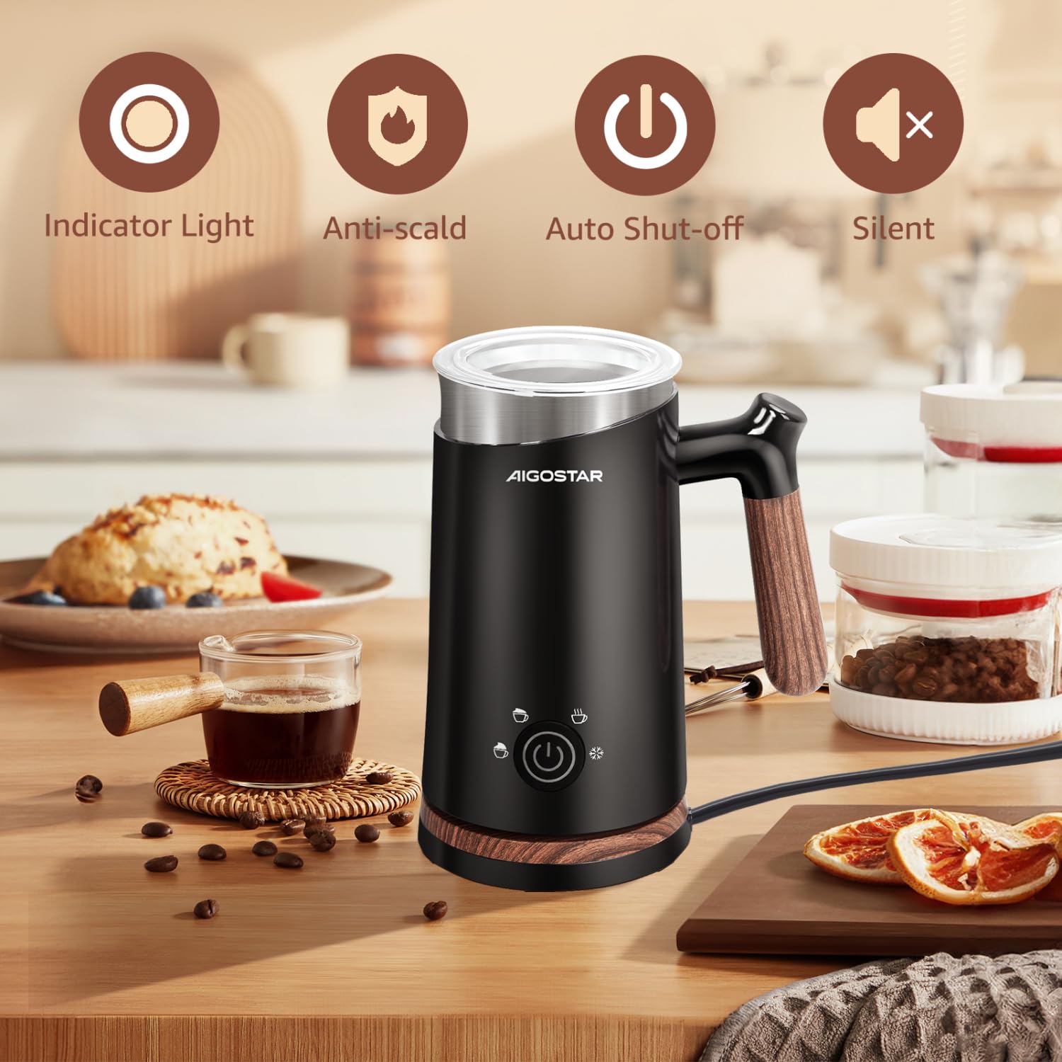 Aigostar Automatic Milk Frother and Warmer, Electric Milk Steamer Milk Heater, 4 in 1 Hot & Cold Milk Foamer Coffee Frother for Latte Cappuccino Hot