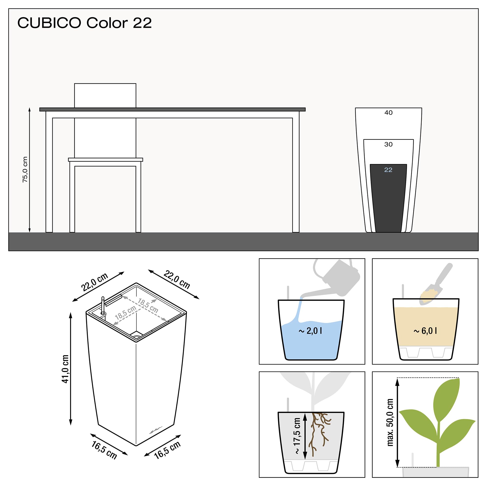 Lechuza CUBICO Color 22 Self Watering Planter Garden Plastic Indoor and Outdoor Flower Plant Pot with Drainage Hole H41 L22 W22 cm White