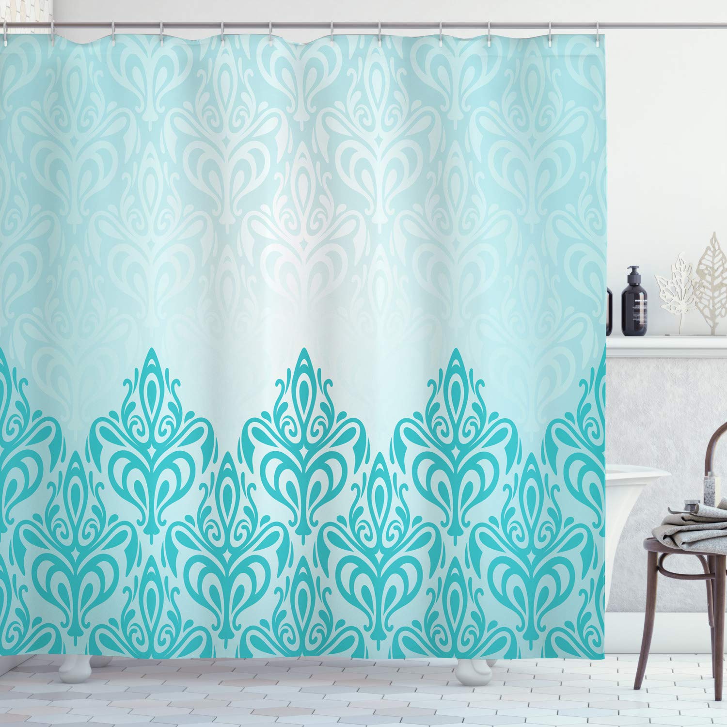 ABAKUHAUS Turquoise Shower Curtain, Retro Style Medieval European Victorian Gradient Royal Pale Patterns Artwork Print, Cloth Fabric Bathroom Decor