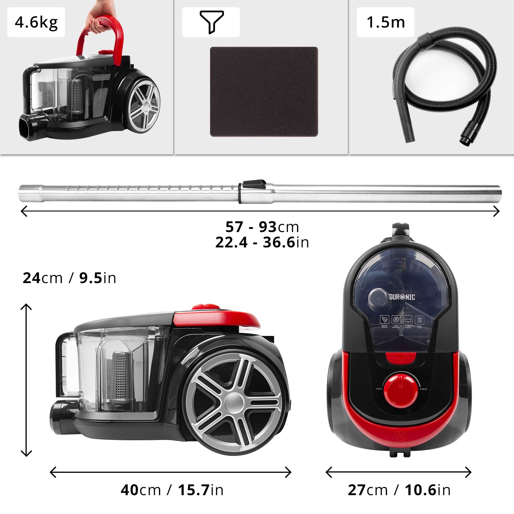 Duronic Vacuum Cleaner VC7020 Cylinder Vacuum Cleaners Crevice & Turbo Brush for Upholstery, Bagless Vac for Pet Hair, Carpets, Wood & Floor