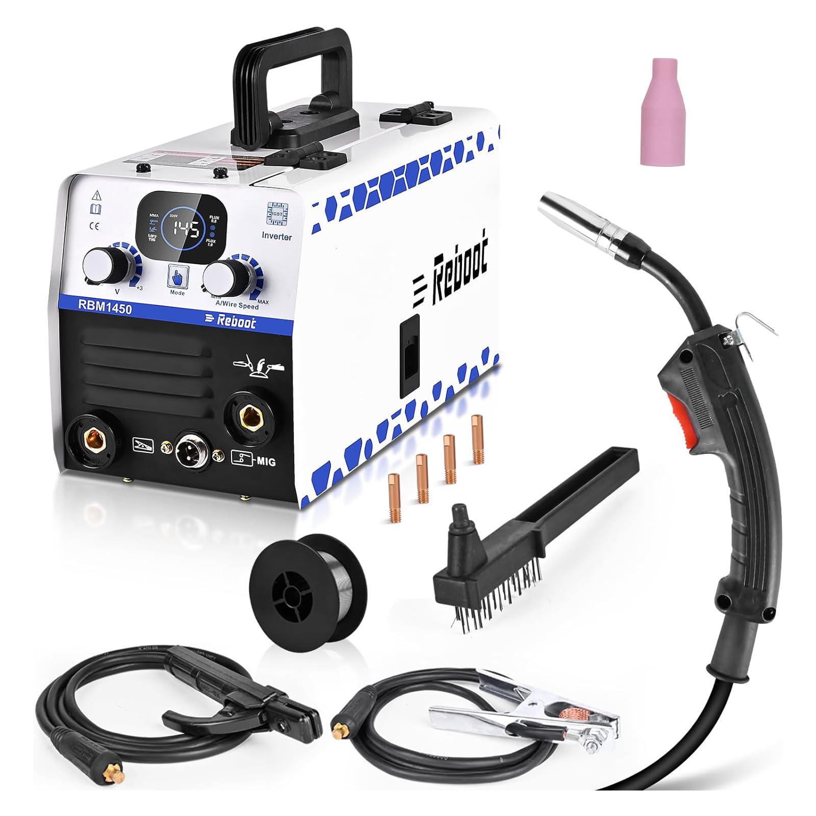 Reboot 240V 145A Gasless MIG Welder - 3-in-1 MIG/ARC/Lift TIG Inverter Welder with IGBT Synergy | Digital LED Display | Portable Stick Welder + Flux