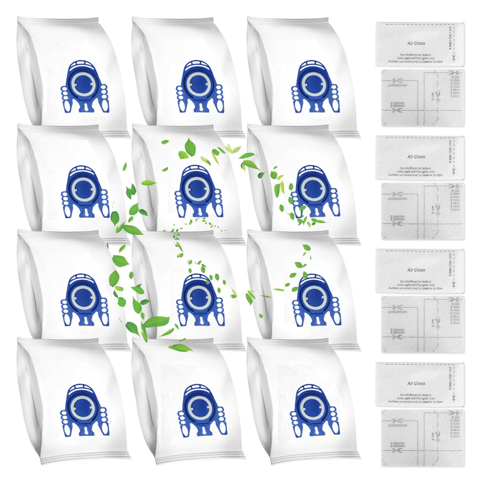 12 Pack 3D Airclean GN Vacuum Cleaner Bags 4 Set Air Filter - for Miele Classic C1, Complete C1, Complete C2, Complete C3, S227, S240, S270, S400, S2,