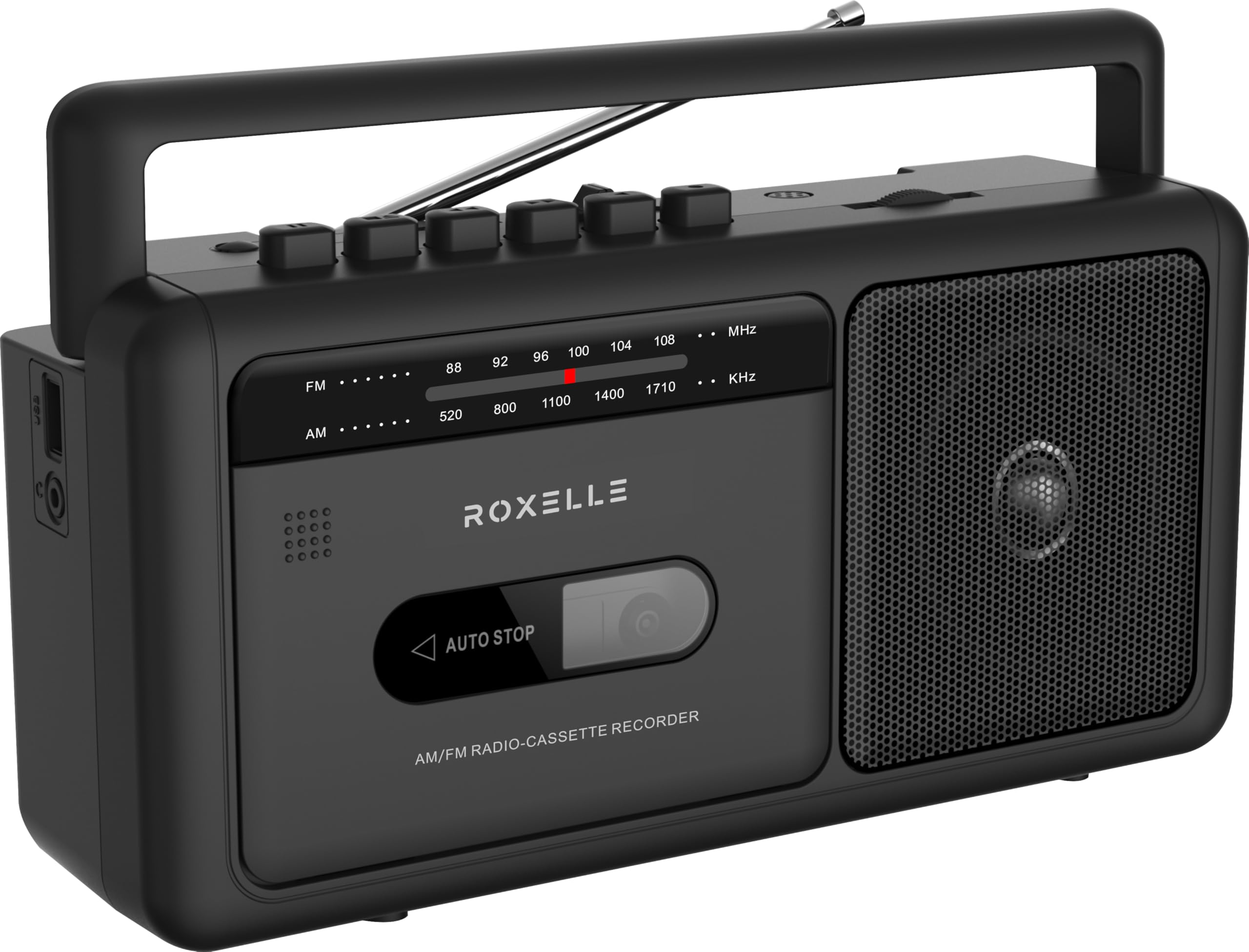 Roxelle Portable AM/FM Radio Cassette Recorder | Retro Boombox with BT Streaming, USB Playback & Recording, Earphone Jack, Dual Power (AC or Battery),