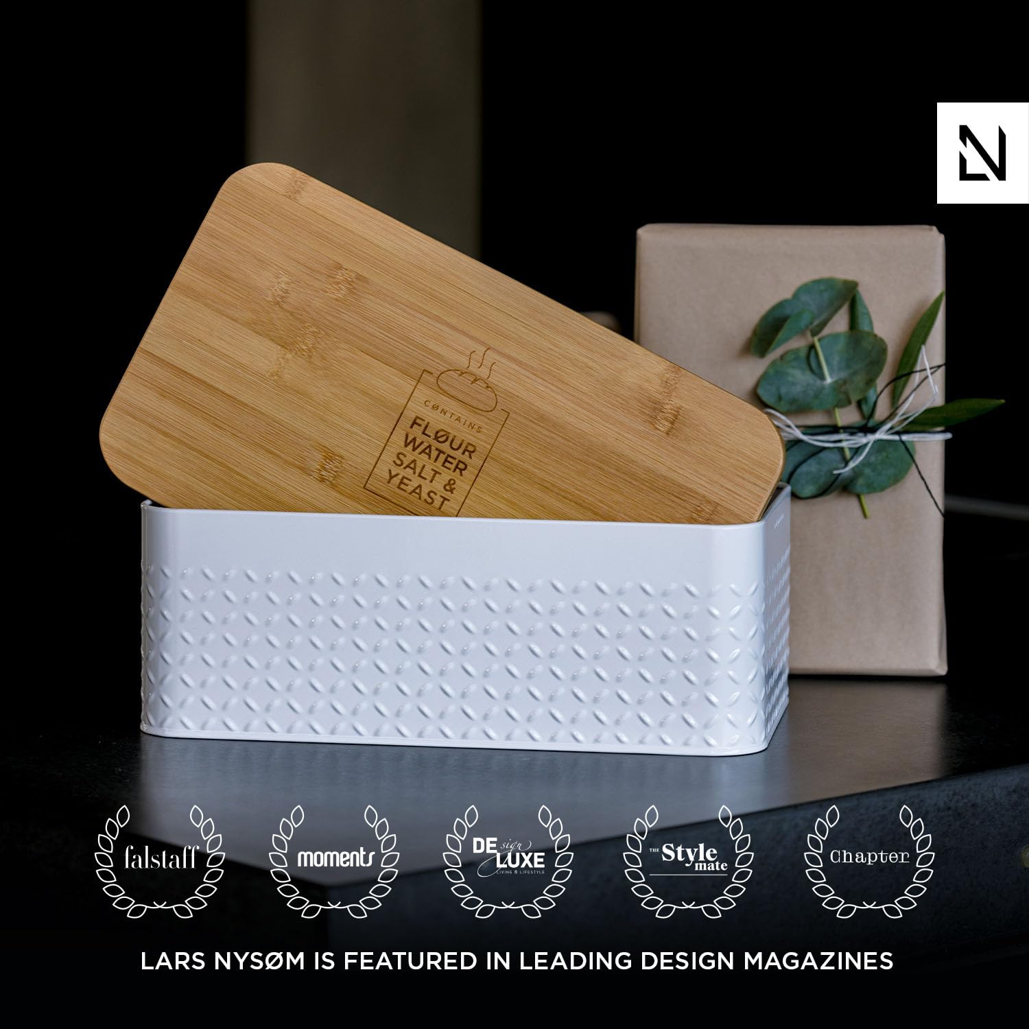 LARS NYSM Bread Bin I Metal bread box with linen bread bag for long lasting freshness I Bread bin with bamboo lid usable as cutting board I
