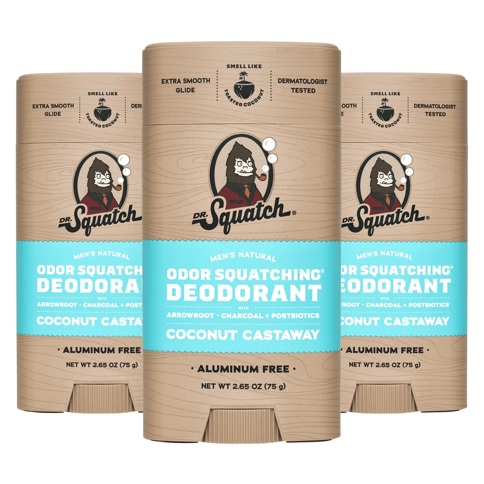 Dr. Squatch Natural Deodorant for Men - Odor-Squatching Aluminium Free - Coconut Castaway (2.65 oz, 3-Pack)
