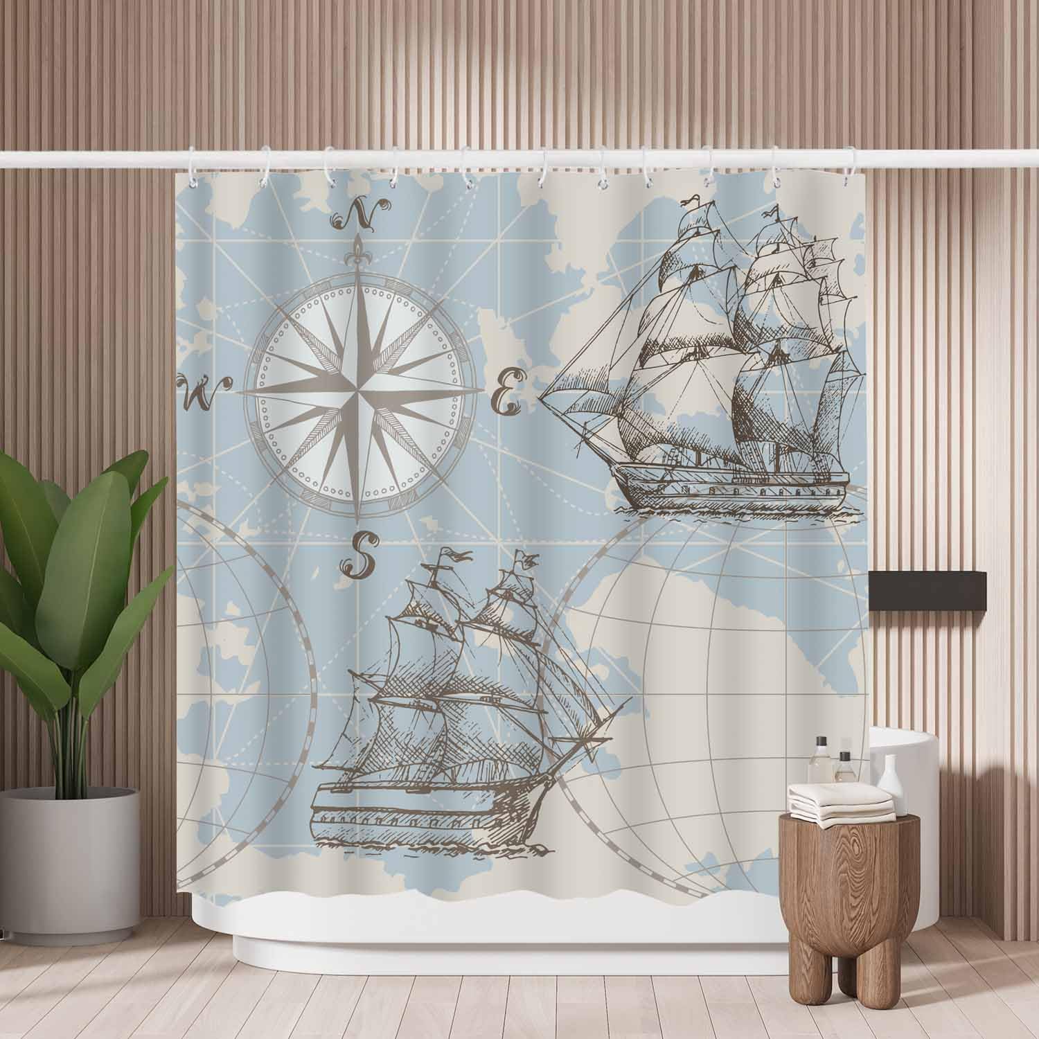 Woutay Shower Curtain Mould Proof Resistant Hand Drawn Sea Map,Water Repellant Fabric,Polyester,with 12 Plastic Hooks