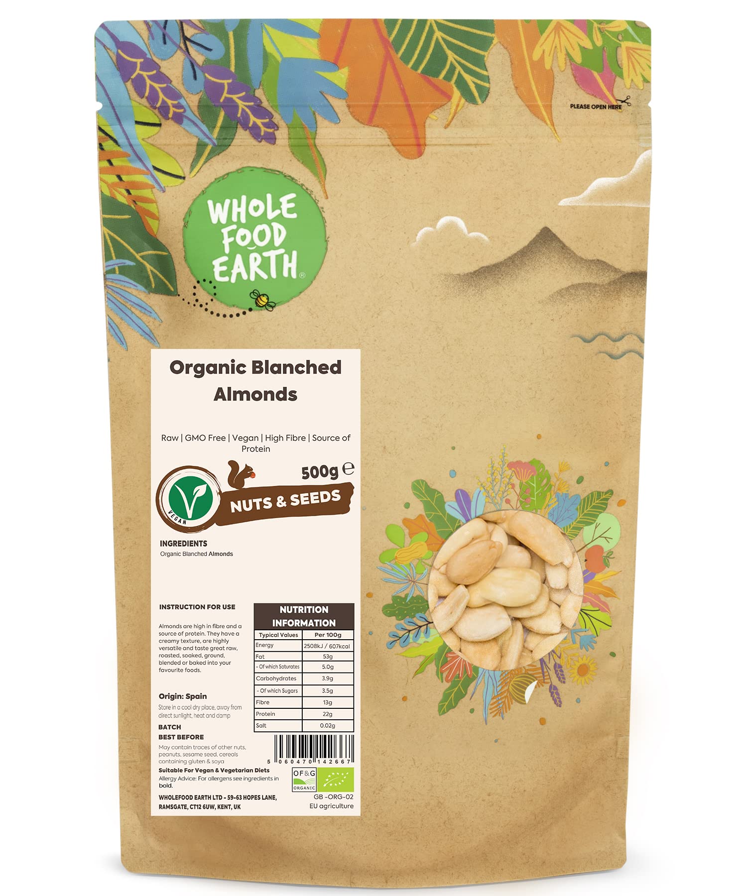 Wholefood Earth Organic Blanched Almonds ? 500g | Raw | GMO Free | Vegan | High Fibre | Source of Protein | Certified Organic