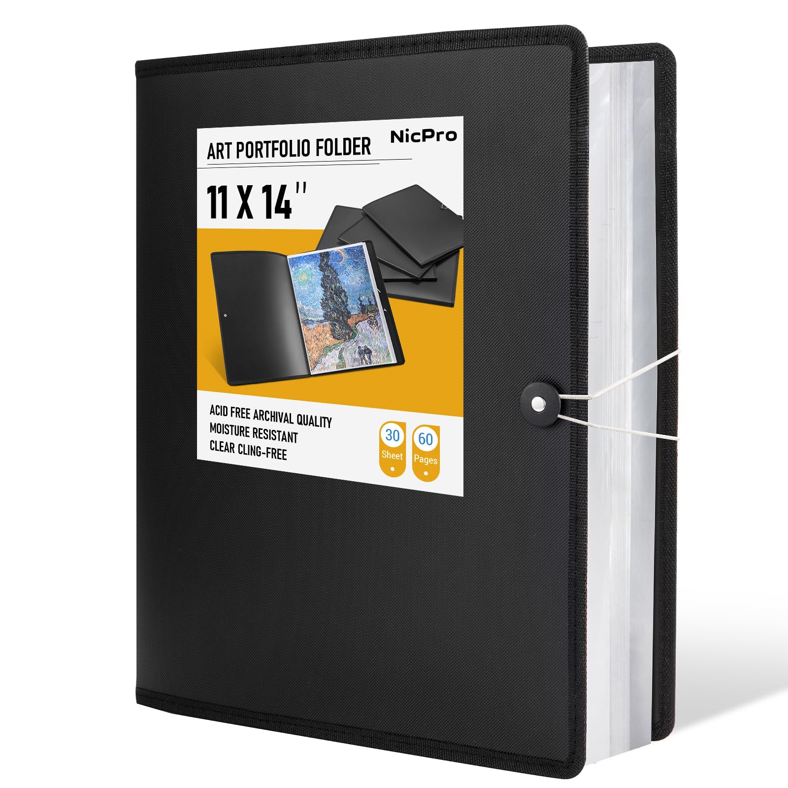Nicpro 11x14 Art Portfolio Folder, 30 Pockets Display 60 Pages Art Painting Portfolio Binder with Clear Plastic Sleeves, Presentation Storage Book for