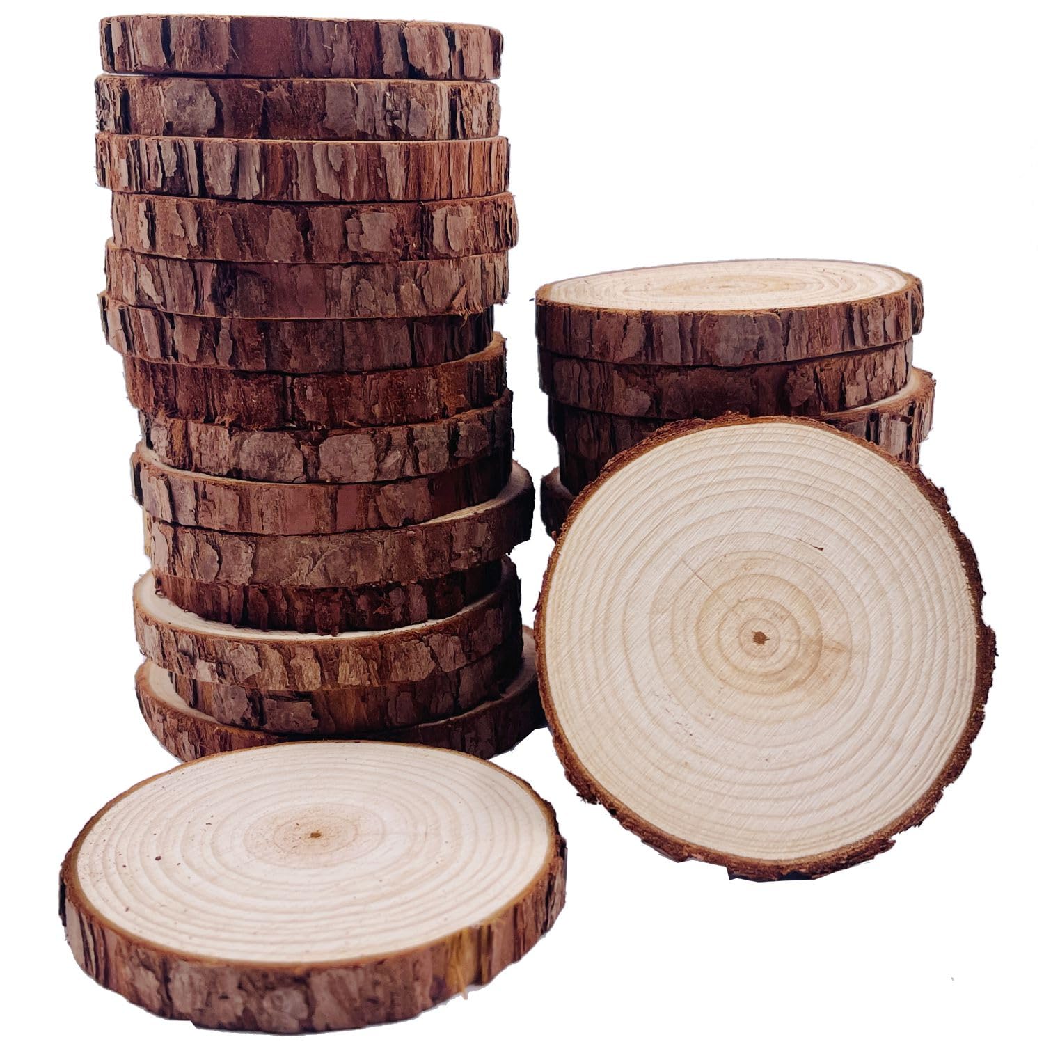 Natural Wood Slices 25 Pcs 8-9cm Unfinished Wood Craft Kit Undrilled Wooden Circles Without Hole Tree Slice with Bark for Arts Painting Christmas