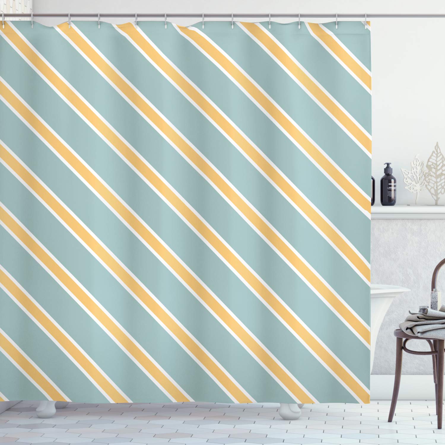ABAKUHAUS Shabby Flora Shower Curtain, Nostalgic Diagonal Bold and Thin Stripes Geometric Simplistic, Cloth Fabric Bathroom Decor Set with Hooks, 175