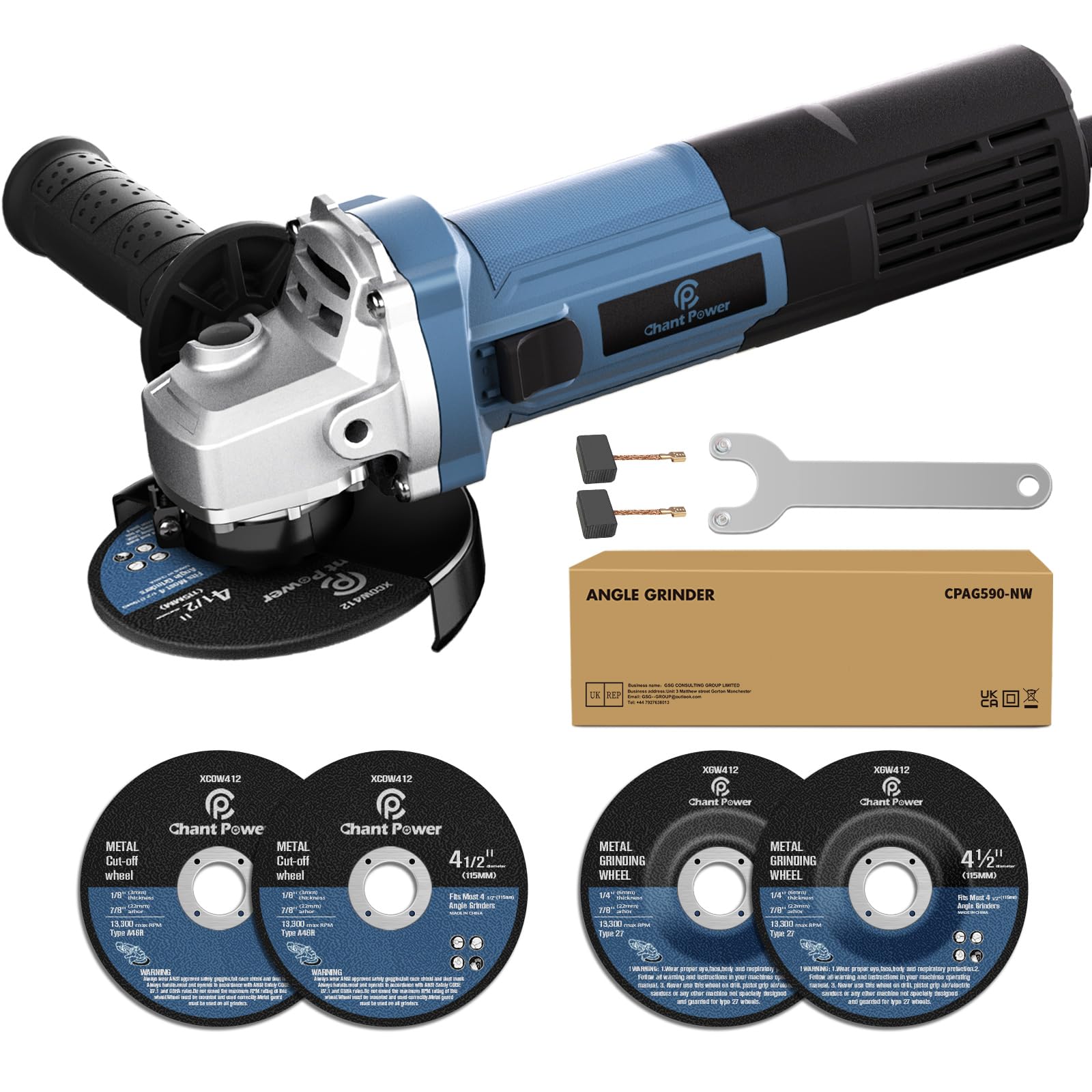 C P CHANTPOWER Angle Grinder Power Tool, 115mm Corded Cutting Grinding Polishing with 2X Cutting Wheel, 2X Grinding Wheel and Side Handle, 750W