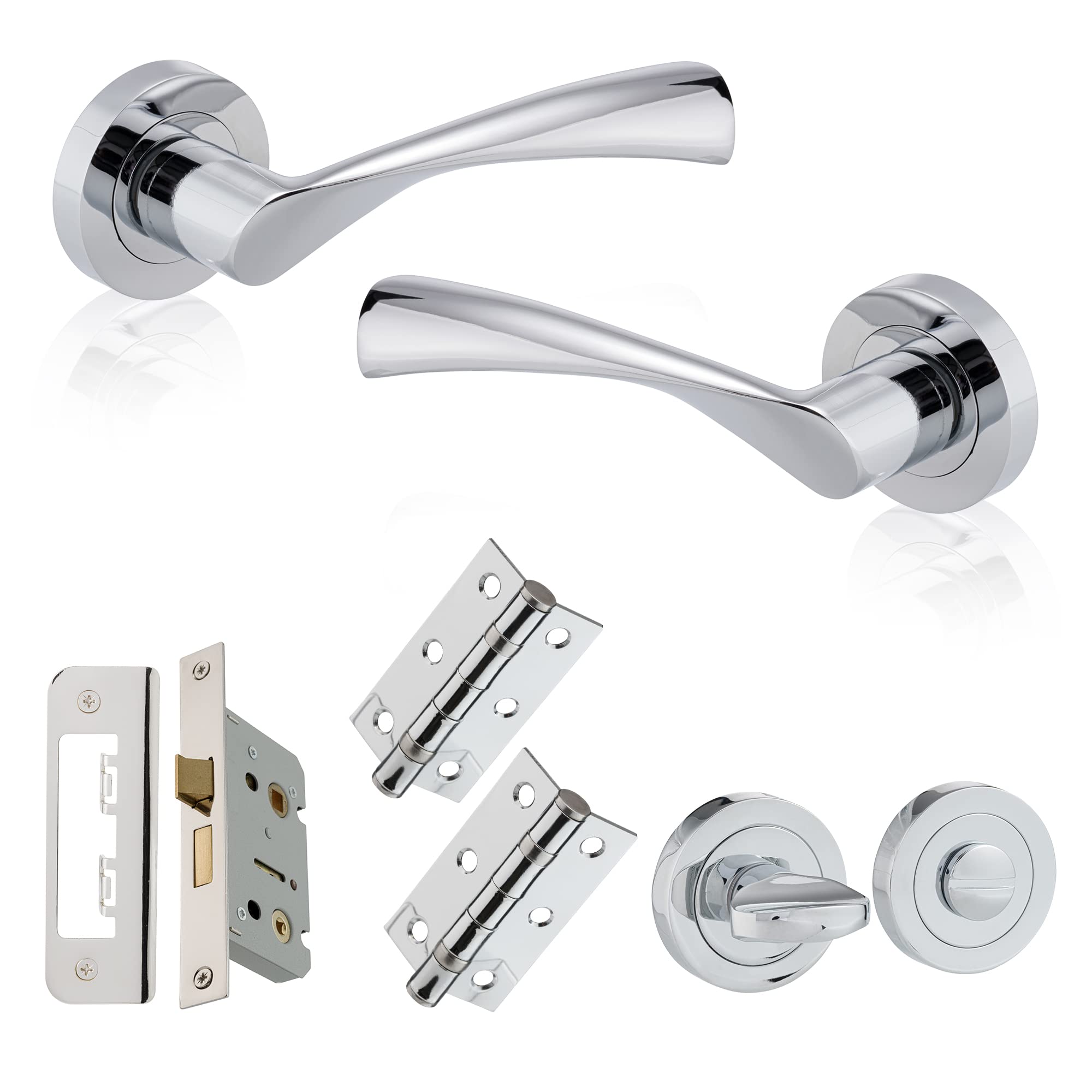 XFORT Polished Chrome Warped Lever On Rose Bathroom Pack, with Ball Bearing Hinges, Thumbturn Release and A Bathroom Lock, Ideal for Internal Wooden