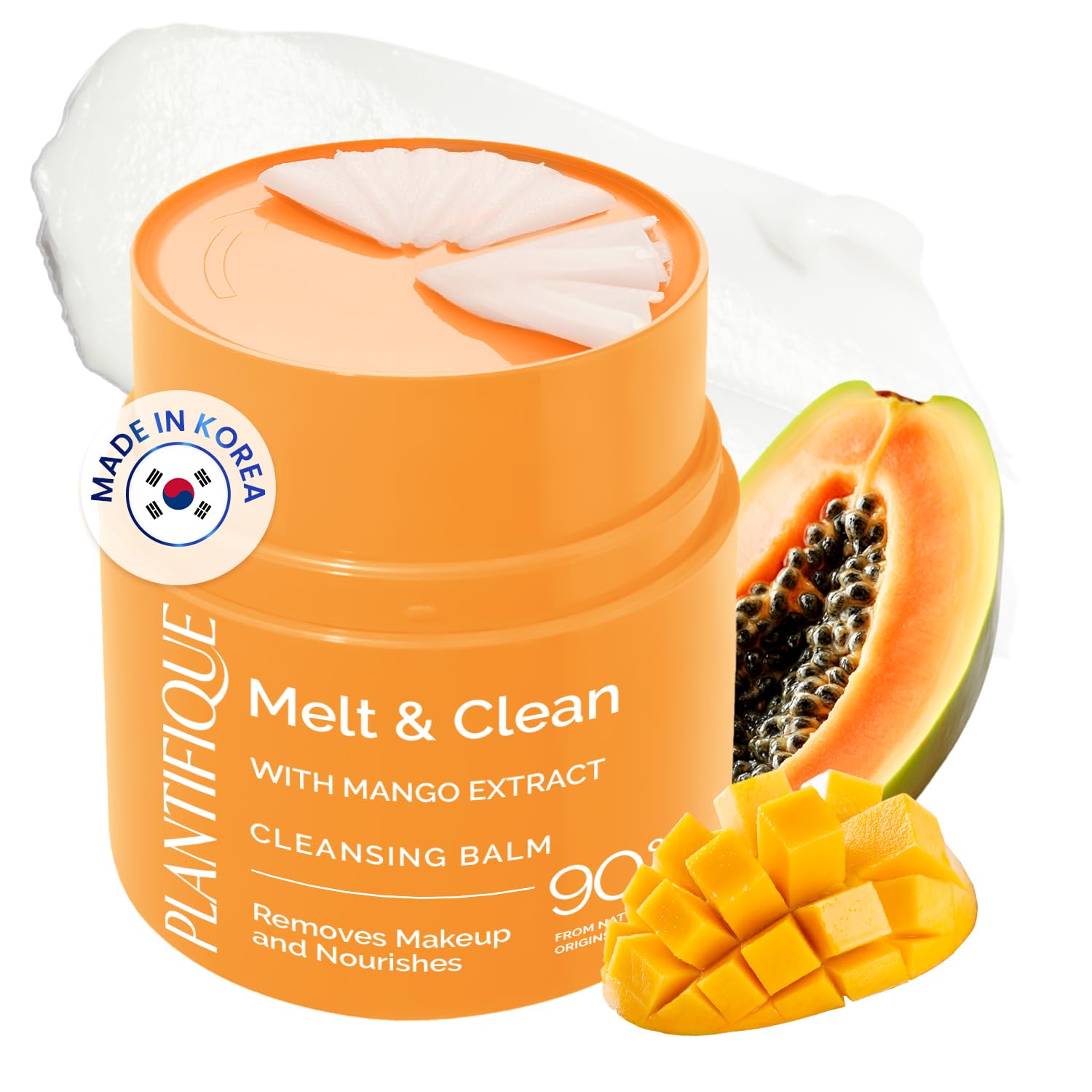PLANTIFIQUE Korean Cleansing Balm Makeup Remover with Mango, Hyaluronic Acid, and Ceramide - Nourishing Melting Cleanser for All Skin Types, 1.41 oz /