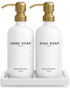 Luxury Glass Hand and Dish Soap Dispenser Set by Brighter Barns - White and Gold Kitchen Accessories & Decor (Gold) with Tray for Sink