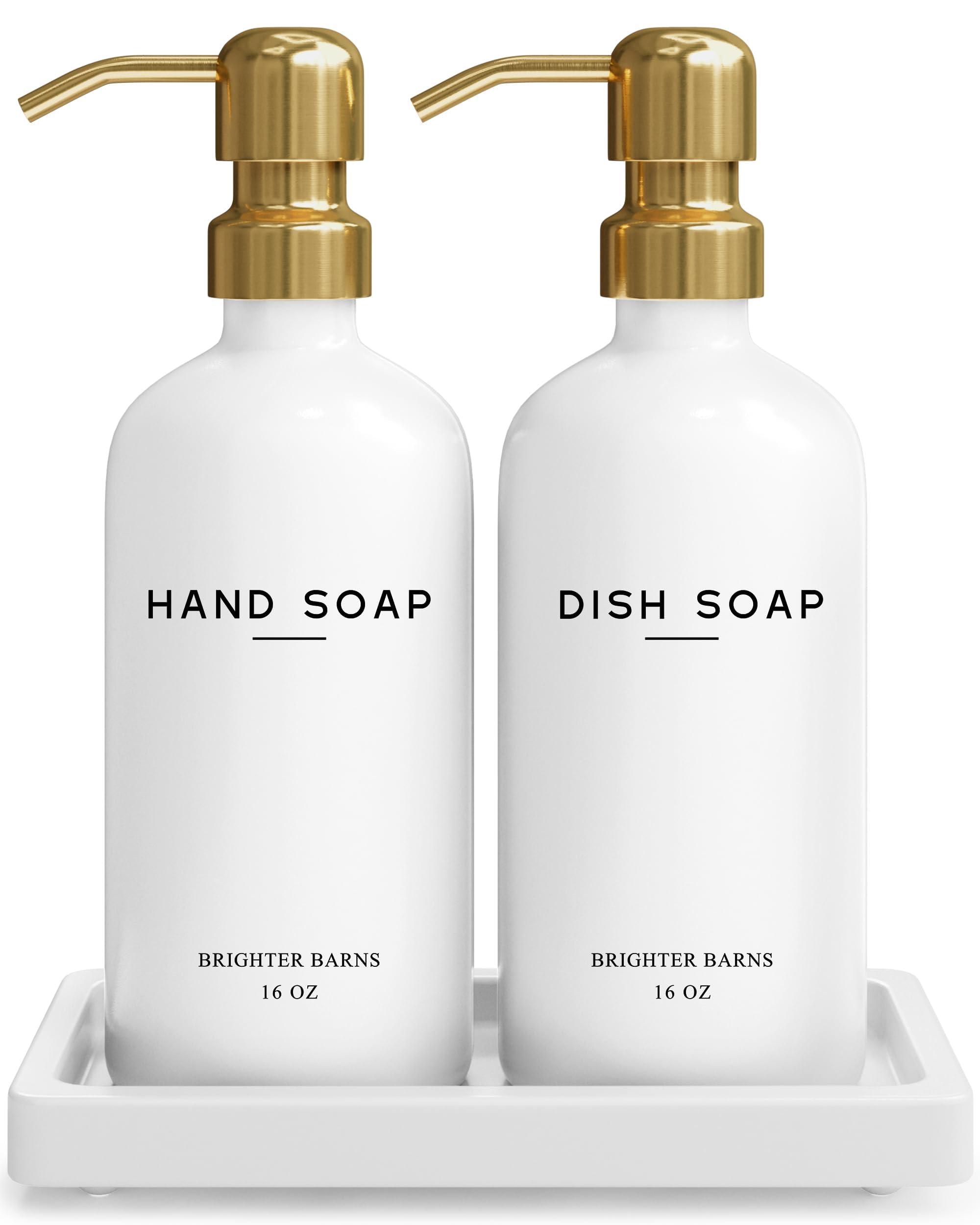 Luxury Glass Hand and Dish Soap Dispenser Set by Brighter Barns - White and Gold Kitchen Accessories & Decor (Gold) with Tray for Sink