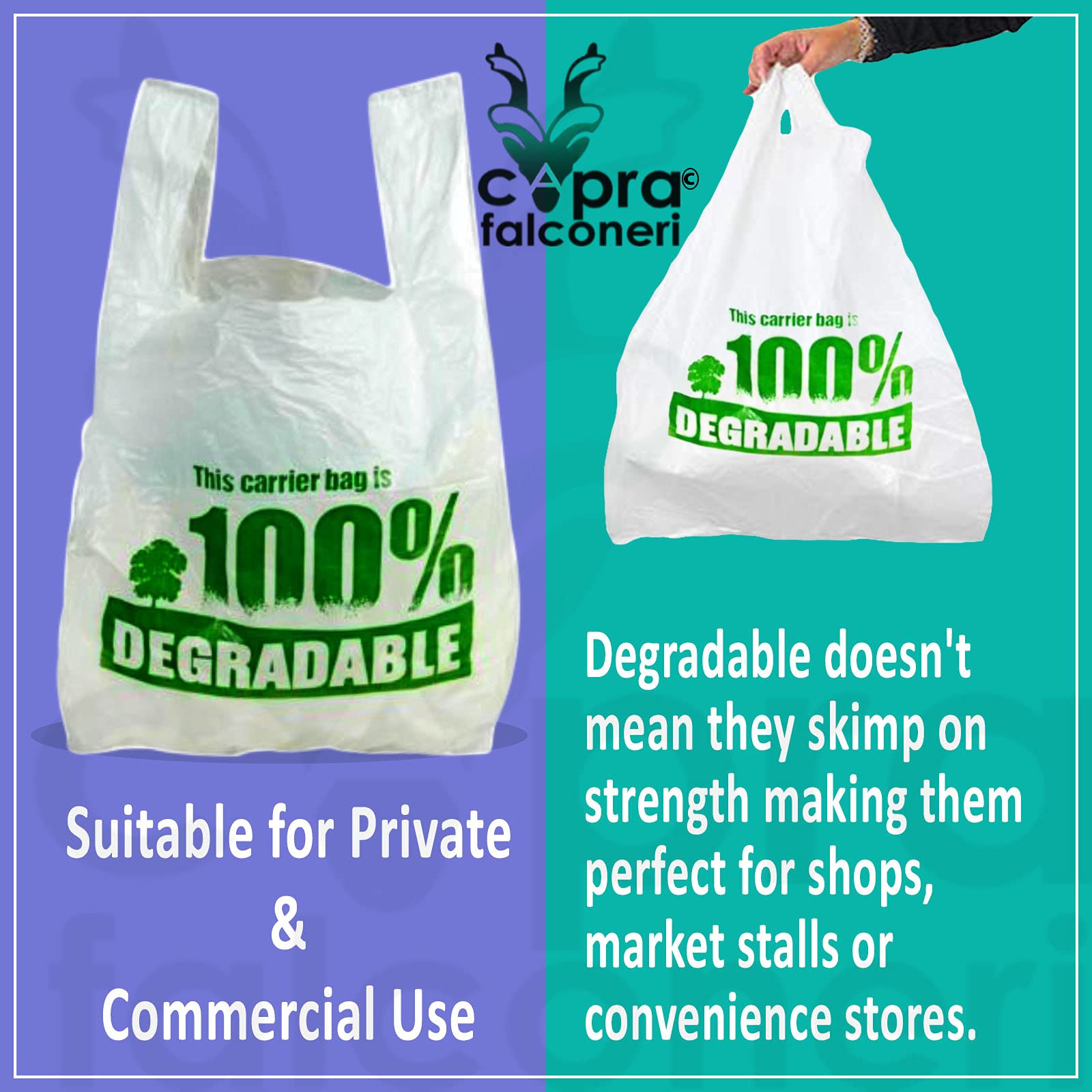Capra Falconeri 1000 Carrier Bags (13x19x23 Inches) X Large White Plastic Bag with Handles - Strong 100% Degradable Vest Reusable Recyclable Eco