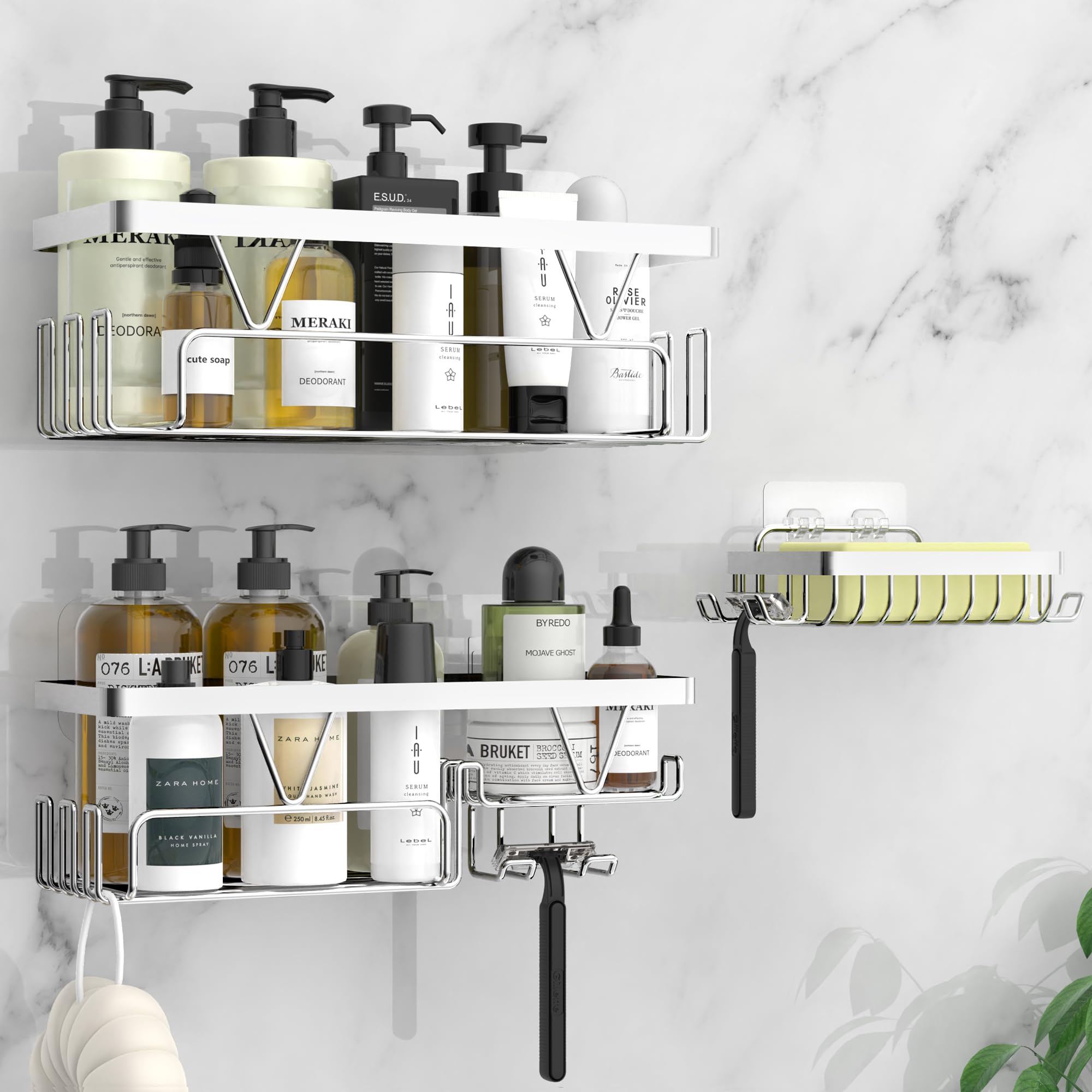 Kegii Shower Caddy Organiser with Soap Holder, Shower Shelf No Drilling, Adhesive Shower Storage Kitchen Rack, Bathroom Shower Accessories Tidy,