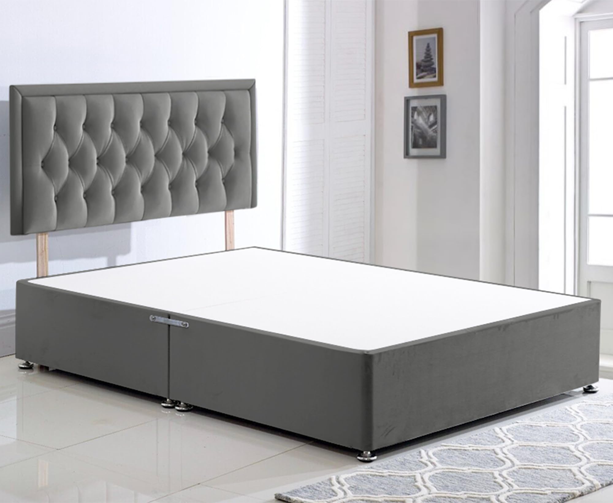 ComfoRest - 4FT6 Double Bed Frame in Grey | Divan Base WITHOUT MATTRESS and NO DRAWERS | Includes 24" Headboard | Sleek Setup for Contemporary