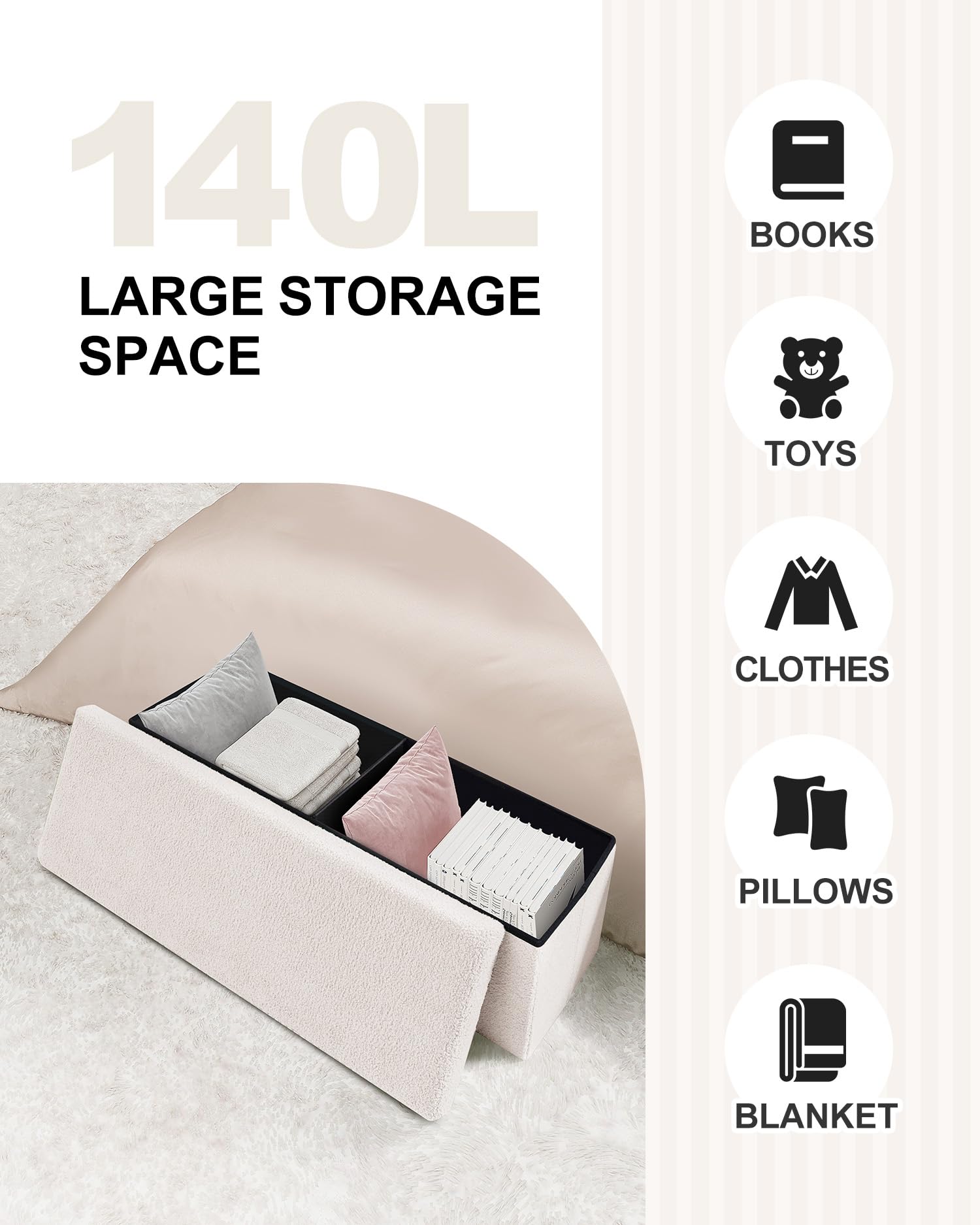 Bonlife Folding Ottoman Storage Bench,Boucle Footstool for Living Room,End of Bed Bench,Sherpa Ottomans Foot Rest,140L Storage Space,White,110x38x38cm