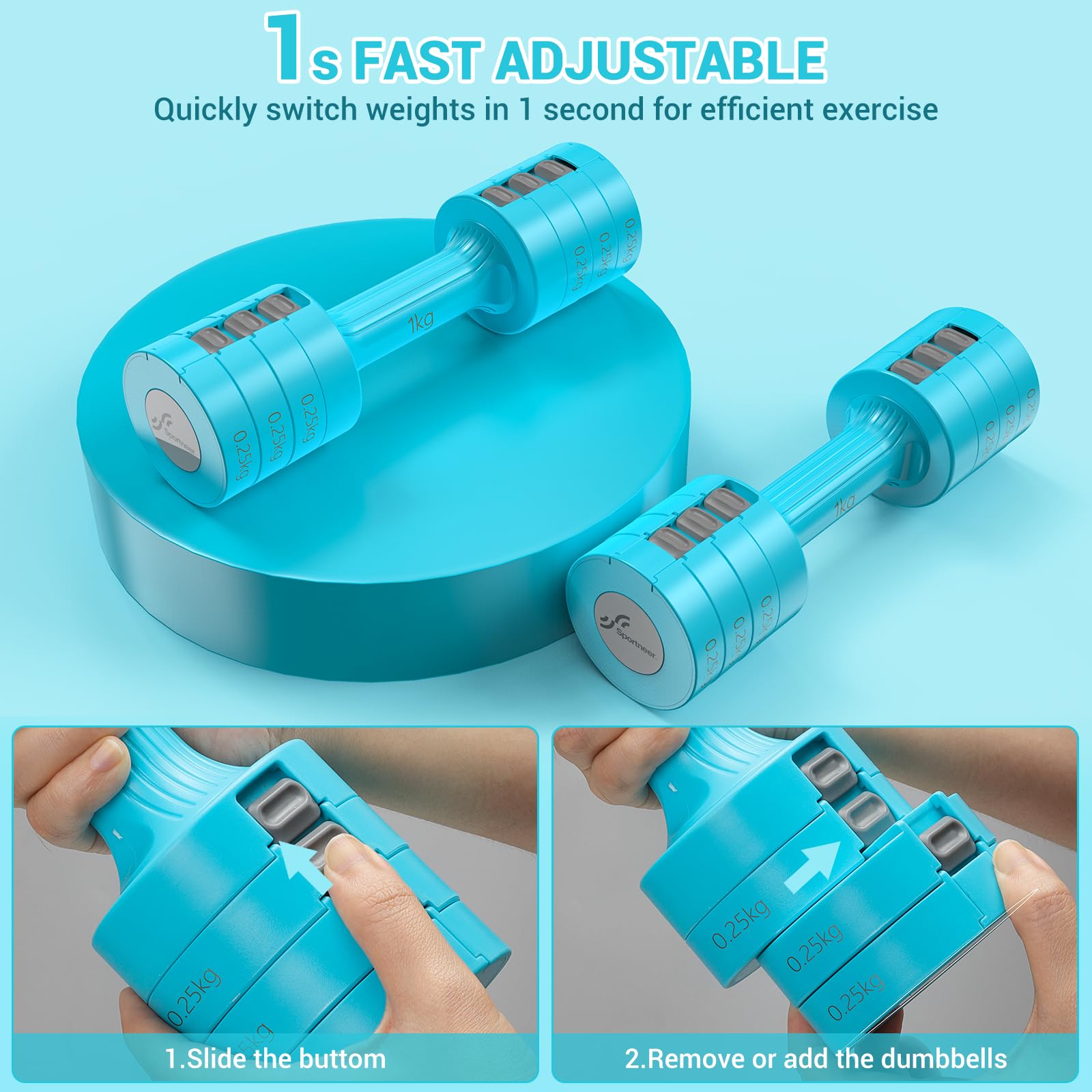 Sportneer Adjustable Dumbbells Set: Each 1kg/1.5kg/2kg/2.5kg (2kg-5kg per Pair), 4-in-1 Dumbbells Set Women, Weights for Women, Adjustable Dumbbell
