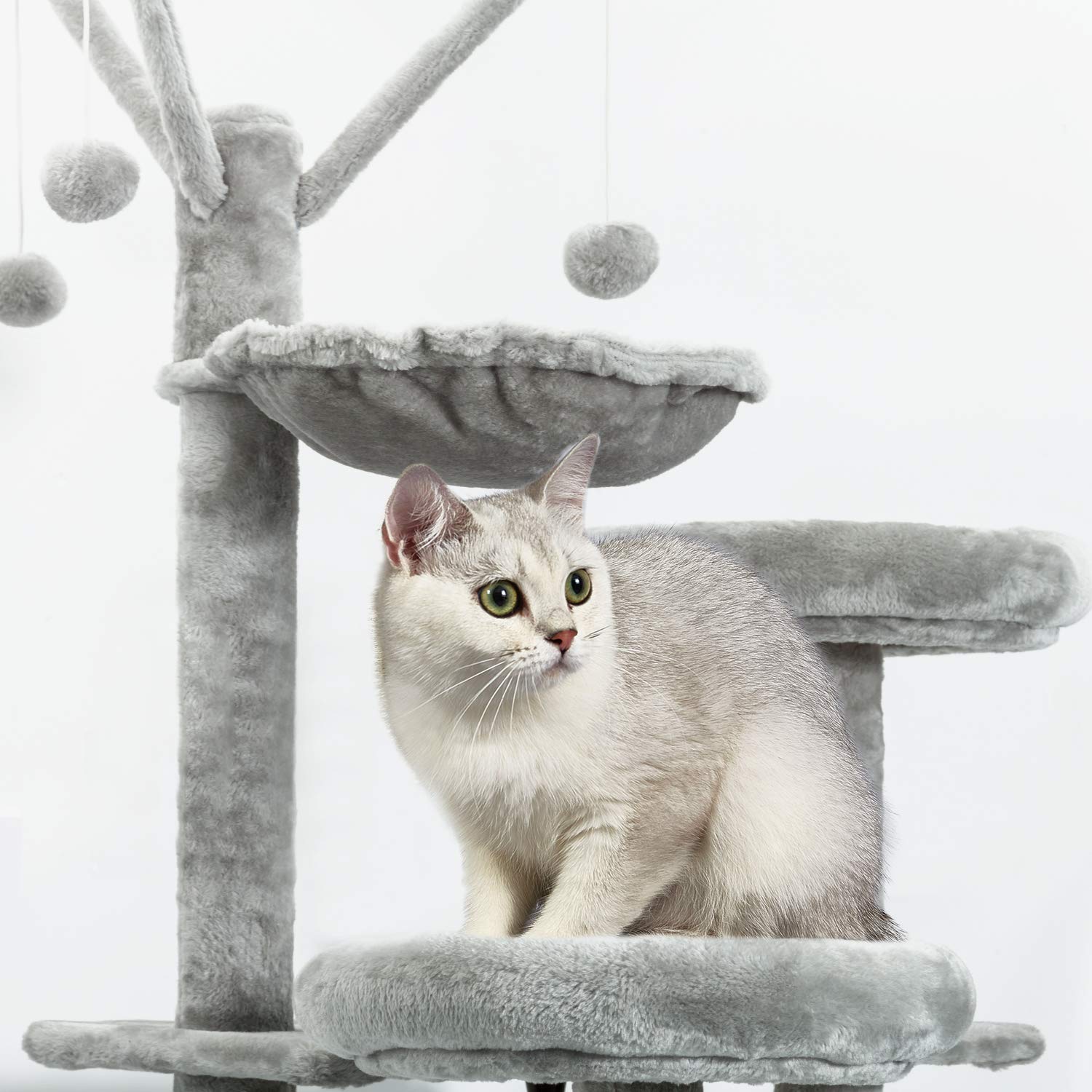 Meerveil Cat Tree, 210cm Cat Tower for Indoor Cats, Cat Climbing Tree with Activity Platforms, 3 Pompoms, 2 Condos, Basket and Sisal Scratching Posts,