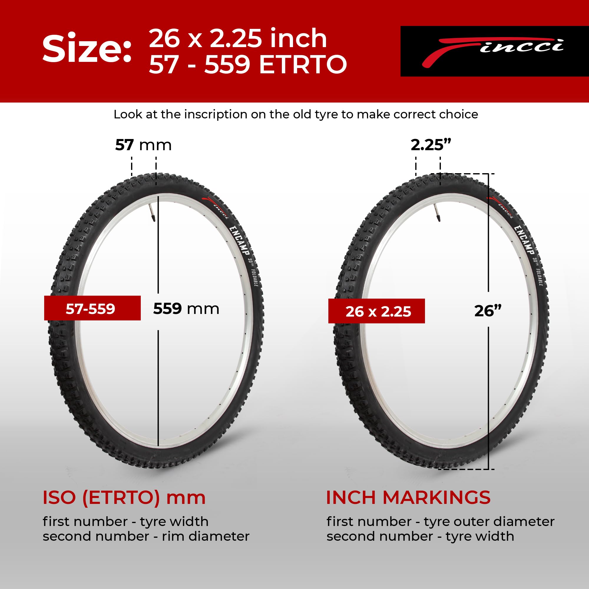 Fincci Encamp 26 inch Mountain Bike Tyre Pair 26 x 2.25 Inch 57-559 Foldable Puncture Proof Bike Tyres for Road MTB Mud Dirt Offroad Bicycle (Pack of