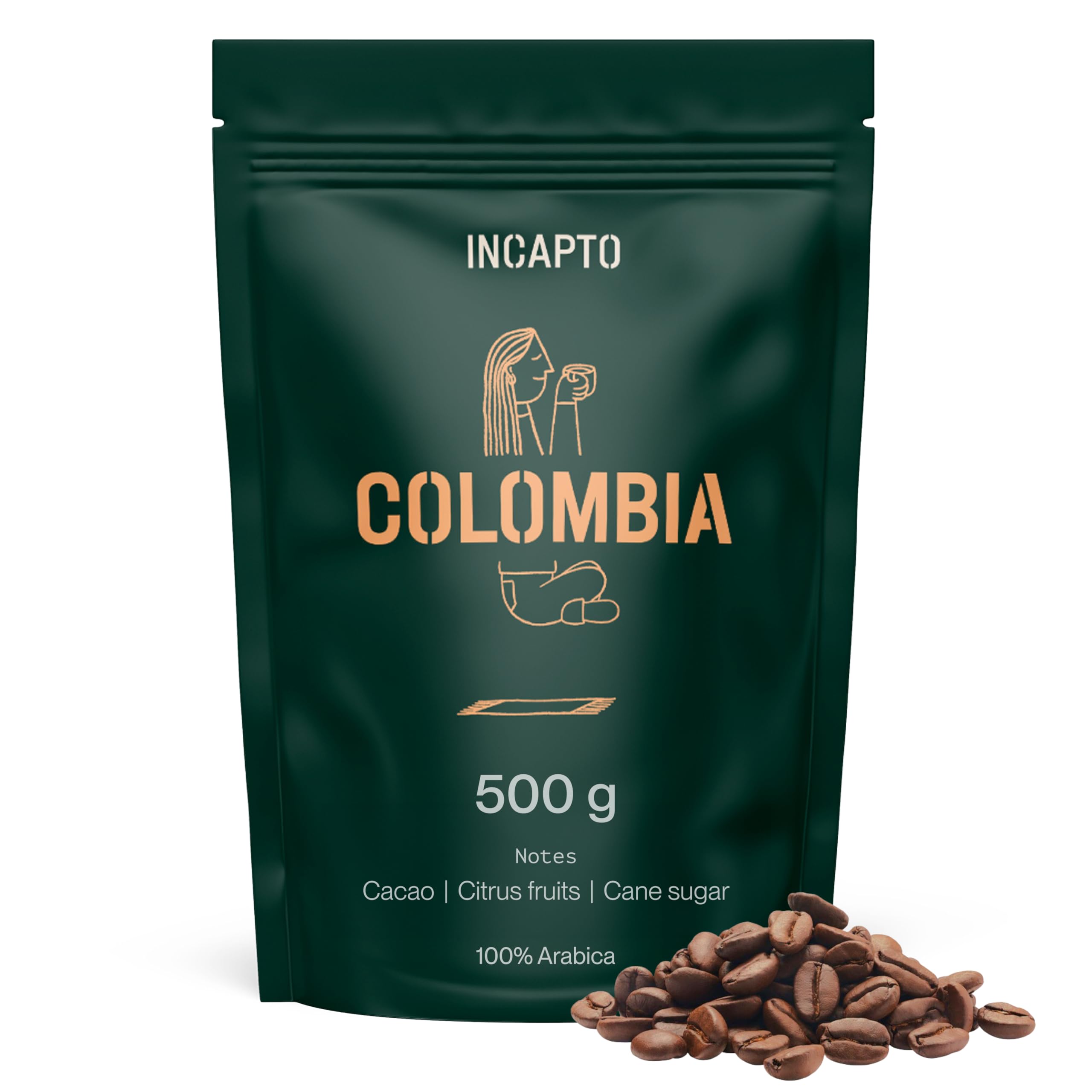 Incapto Specialty Whole Bean Coffee 500g | Origin: Colombia | 100% Arabica | Specialty Coffee 84 SCA Points | Natural and Artisan Roast | Huila Farm,