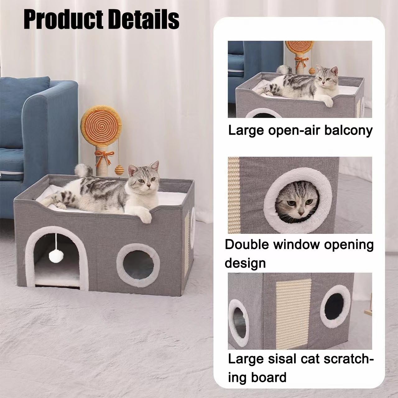 ERNAN Cat Beds for Indoor, Foldable Cat House,Large Soft Cave Bed with Scratching Board for Small Medium Pets (Brown, M)