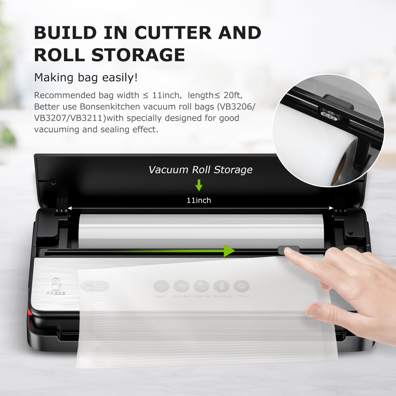 Bonsenkitchen Vacuum Sealer Machine, Multi-Functional, Globefish Technology for High-Speed Continuous Working, Food Vacuum Sealer with 50pcs Vacuum