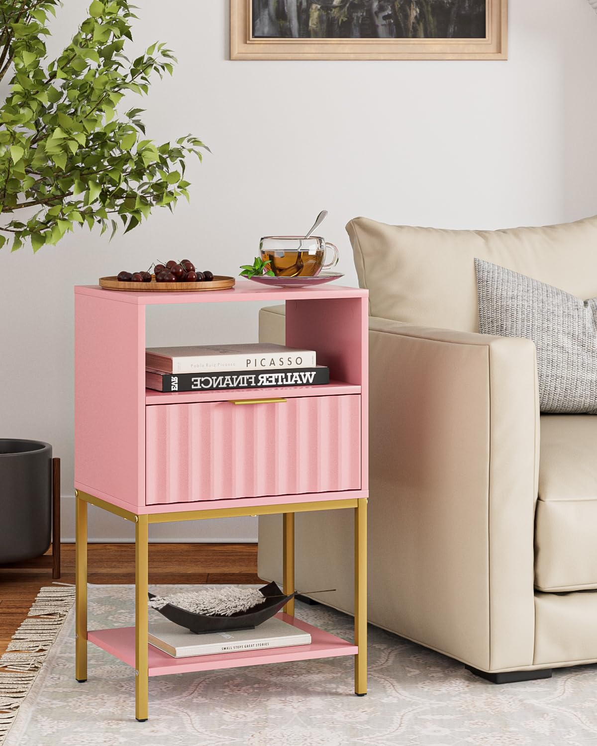 HEYZOEY Bedside Table,Side Table with Gold Frame,Tall White Bedside Table,Bedside Furniture,3-Tier Storage End Table,Nightstand for Bedroom,Living