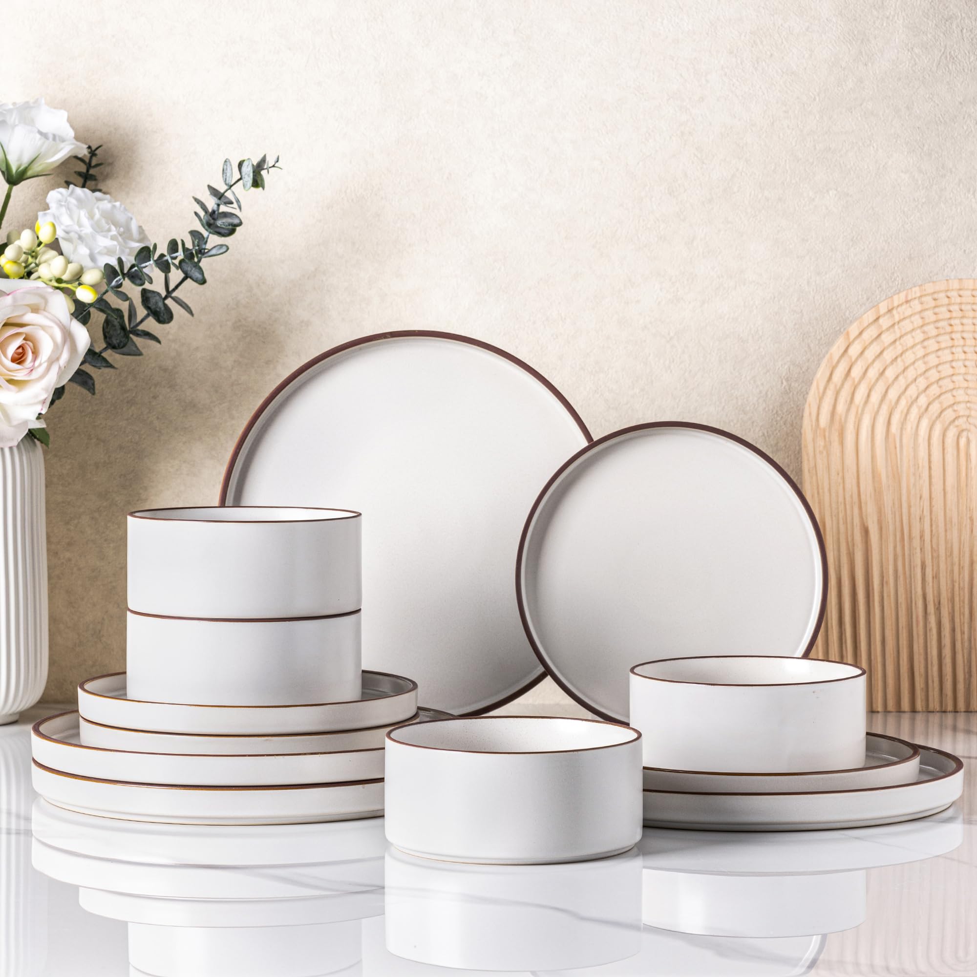 LeRatio Dinner Set for 4, 12 Piece Stoneware Plates and Bowls Set, Chip and Scratch Resistant Dinnerware Set, Oven & Dishwasher & Microwave Safe