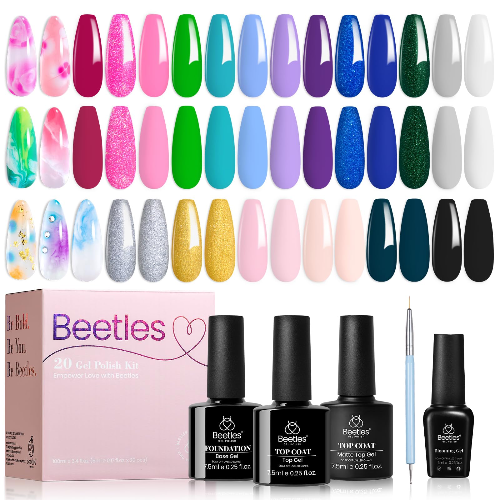 Blooming Gel Nail polish - 19 Colors Pink Green Blue Purple Neon Base & Glossy Matte Top Coat, Clear Blooming Polish for Spreading Effect Soak Off UV