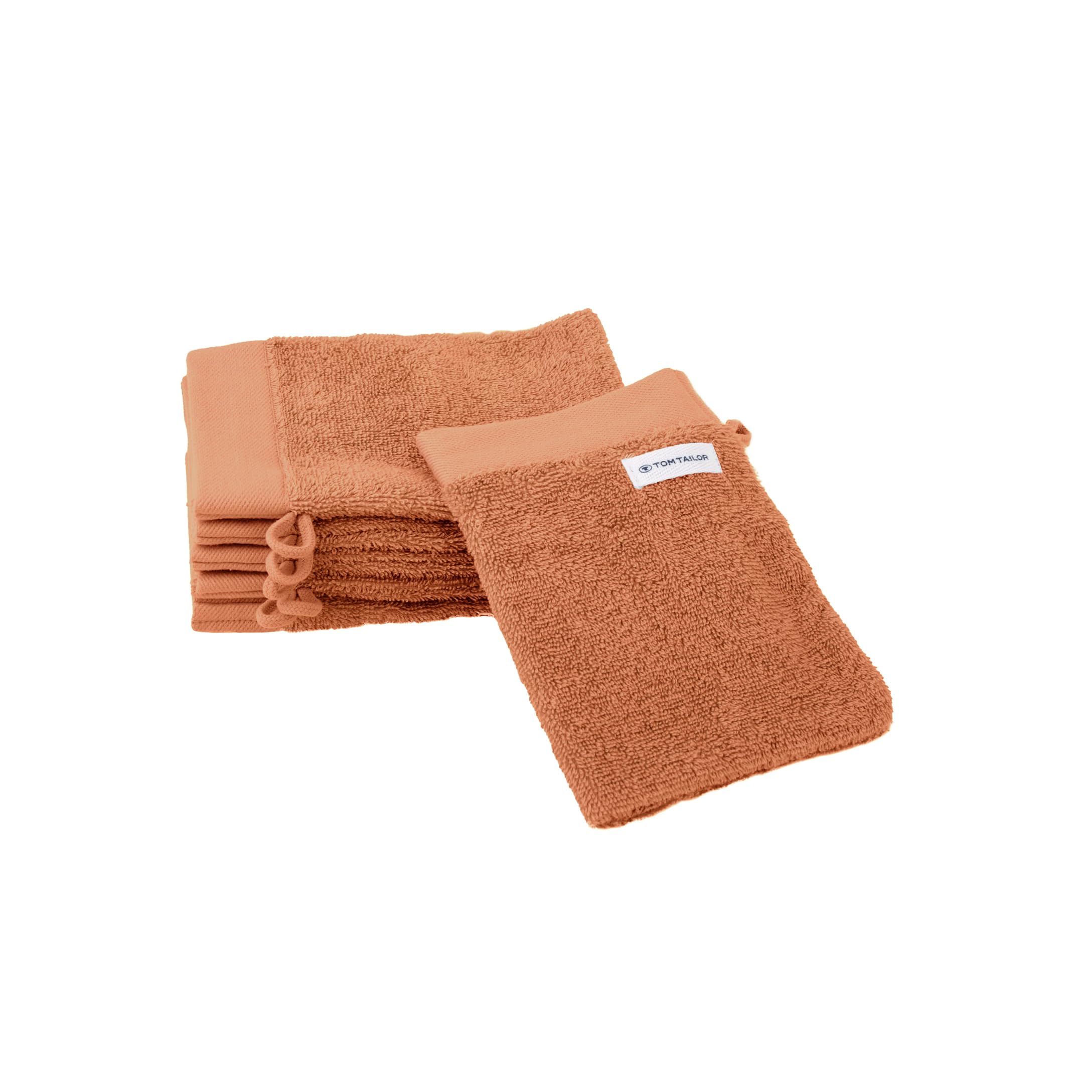 Herding Tom Tailor Wash Mitts Set of 6 16 x 21 cm 100% Cotton Terry Cloth with Hanger and Label with Logo, Colour Bath Towel Orange (Dark Coral)