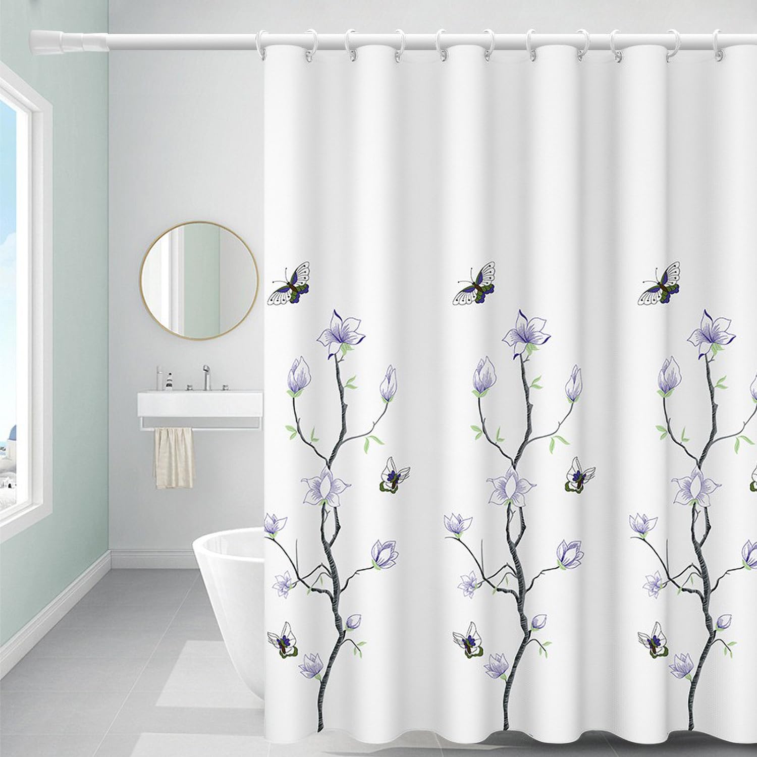 FSZhenZuan Shower Curtain 200 x 200 cm Drop Water Repellent Anti Mould Wet Room Shower Curtain with Hooks Washable Polyester Fabric Flowers Butterfly