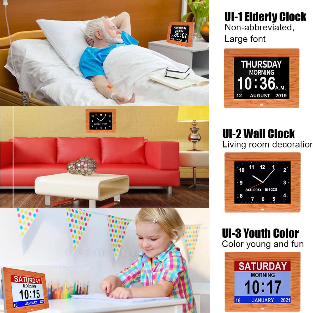 CAZOKASI 3 Displays 8inch Extra Large Impaired Vision Digital Calendar Clock with Non-Abbreviated Day & Month Alarm Clock Day Clock Photo Frame Auto