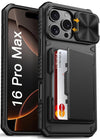 Vihibii for iPhone 16 Pro Max Case with Card Holder (4 Cards) [RFID Blocking] & Slide Camera Cover, Military Grade Drop Protection, Rugged Hard Back &