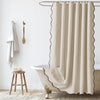 SK Studio Scalloped Shower Curtain Waterproof Linen Textured Washable Cloth Hotel Spa Bath Curtain for Bathroom with 12 Metal Hooks, Beige, 71" W x