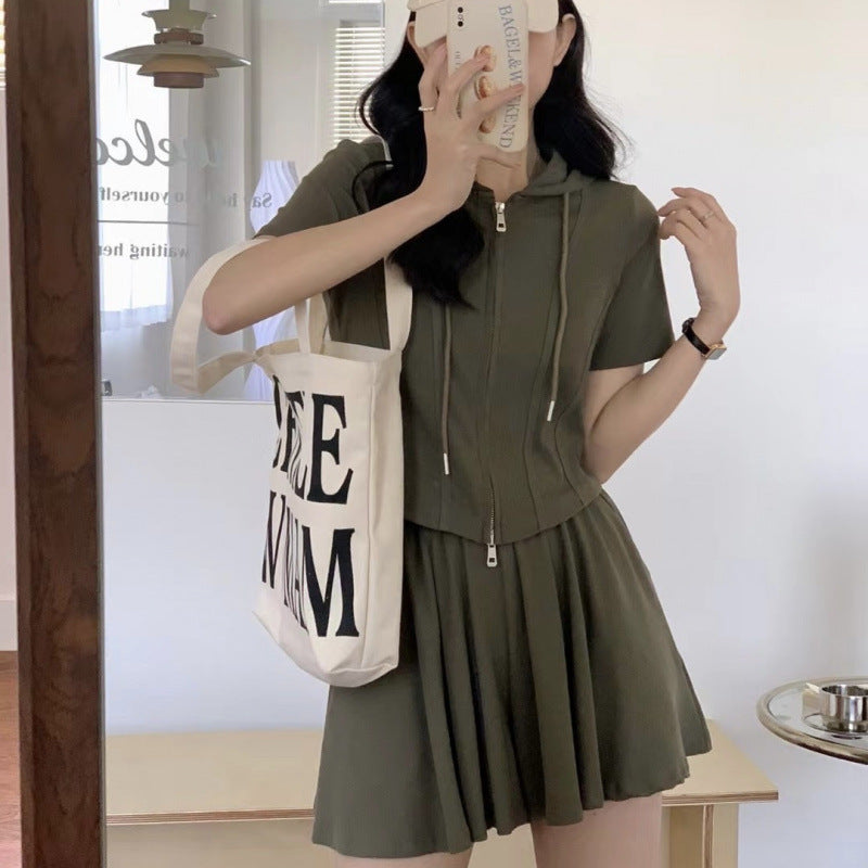 Stylish Commuter Design Hooded Two-Zipper Short-Sleeve Culotte Two-Piece Set