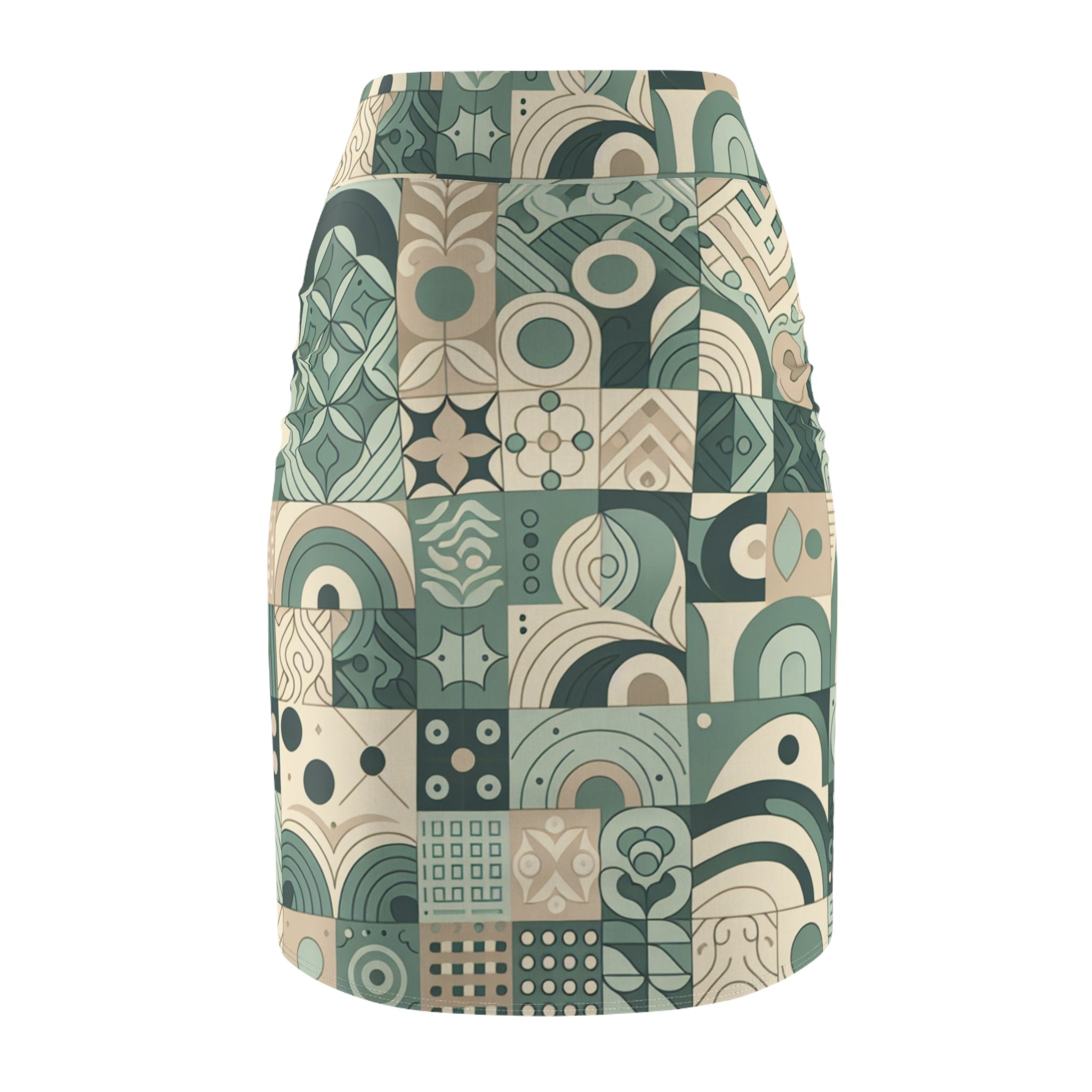 Chic Pastel Green Pencil Skirt with Block Print Design - Elegant Curve-Hugging Fit