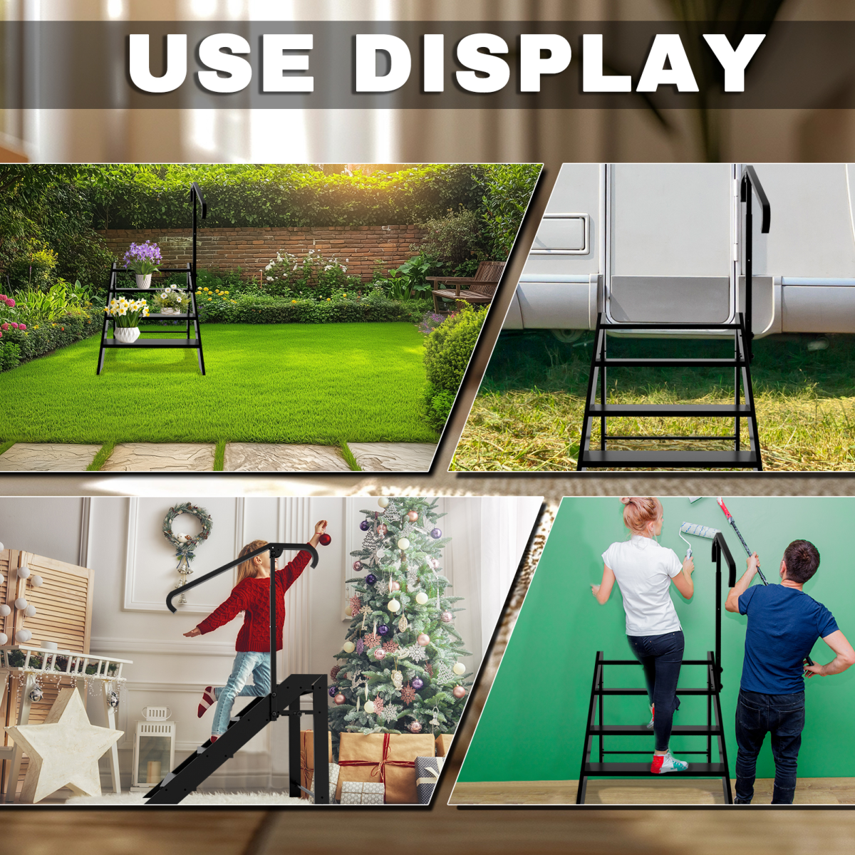 Folding 4 Step Ladder, Step Stool Foldable, RV Steps with Non Slip Feets, Max Load Capacity 660lbs Hot Tub Steps for Home, Travel Trailer, Camper, Mobile Home, Spa, and Porch