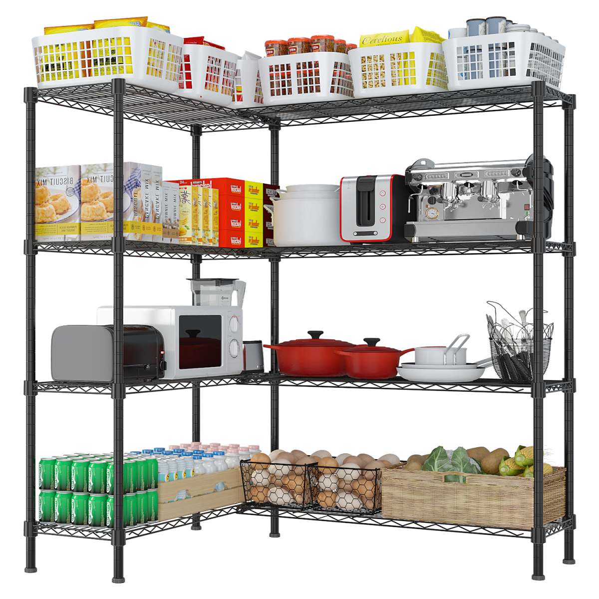 4-layer double row, freely adjustable layer spacing, with adjustable feet, display stand, iron, 147*35*150cm, powder-coated black