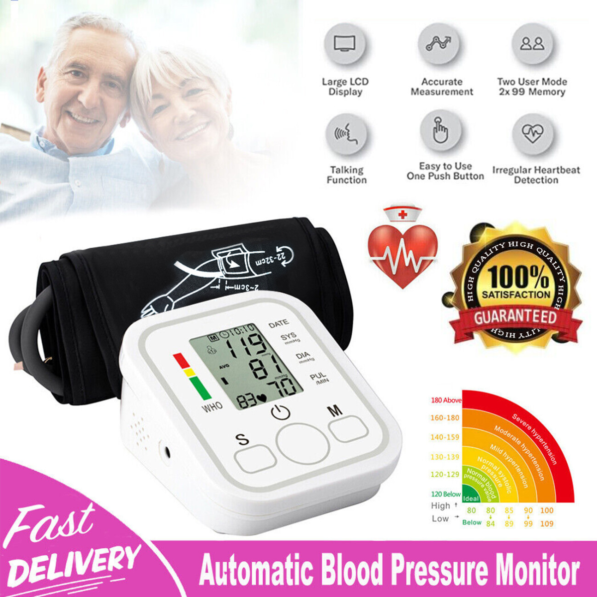 LCD Digital Automatic Blood Pressure Monitor Upper Arm BP Heart Rate Machine Voice Talking BP Monitor