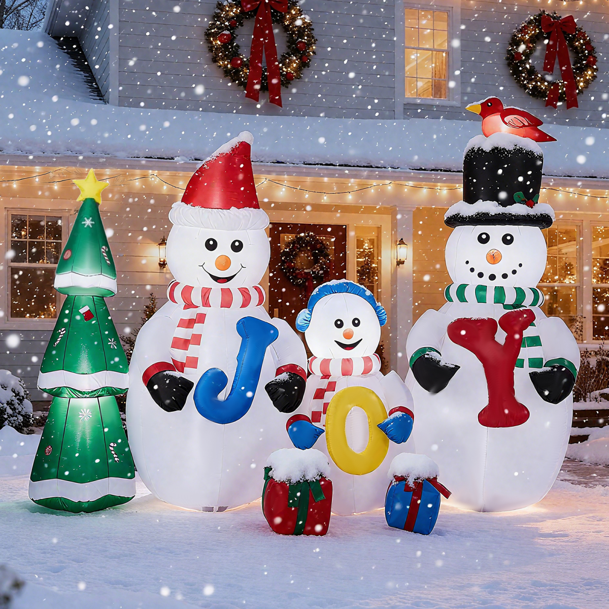 2.4M Lighted Christmas Inflatable Decoration, Inflatable Snowman Family with JOY and Xmas Tree, Funny Blow Up Yard Decorations with Built-in LED Lights for Holiday Party Front Yard Lawn Garden Decor