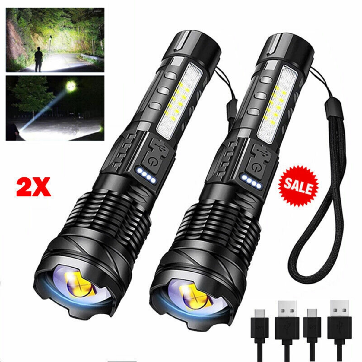 2 Pack USB Rechargeable LED Flashlight Adjustable Focus Camping Hiking Outdoor Flashlight Work light