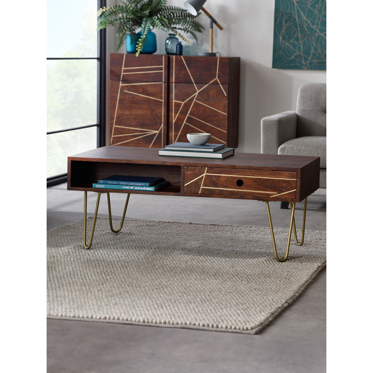 Dark Gold Rectangular Coffee Table With Drawer