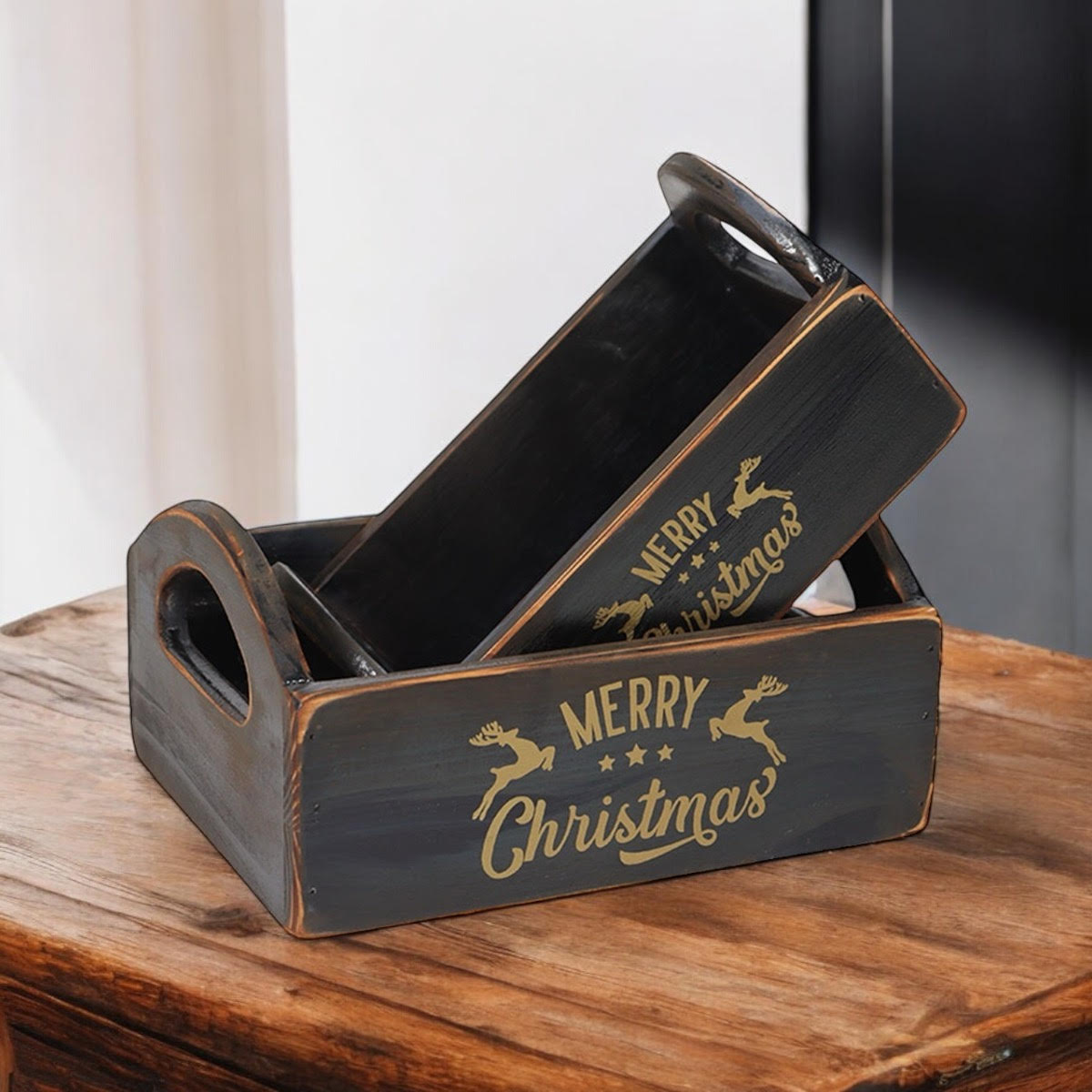 SET 2 BLACK WOODEN CRATES