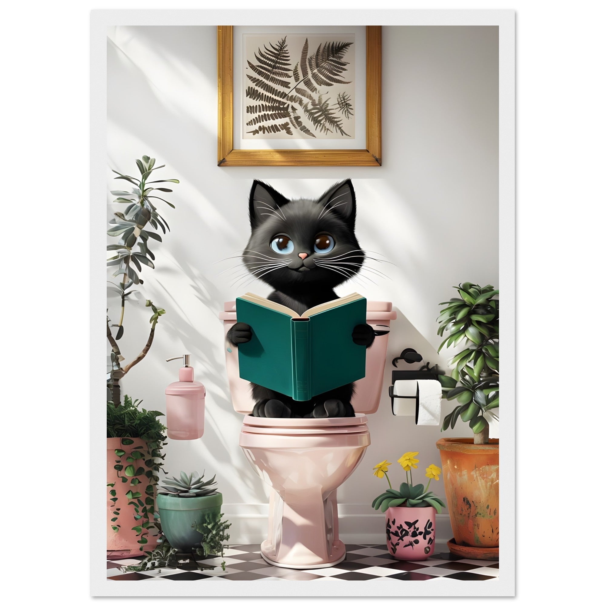 Framed Black Cat Poster – Quirky Bathroom Art with a Humorous Twist