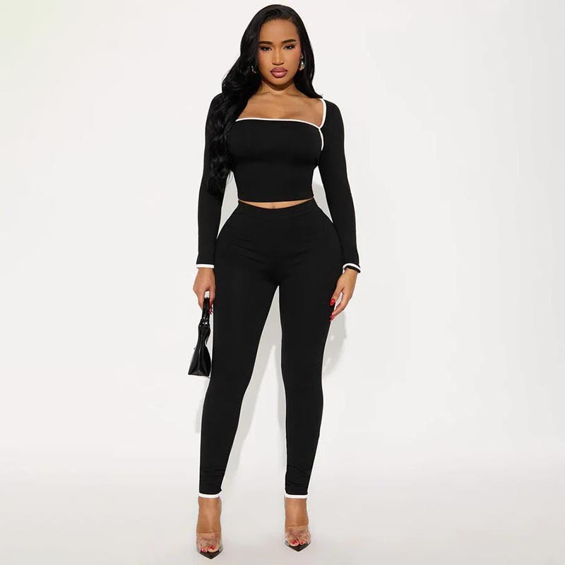 Stitching Color-contrasting Stripe Long Sleeve Top Slim Trousers Suit