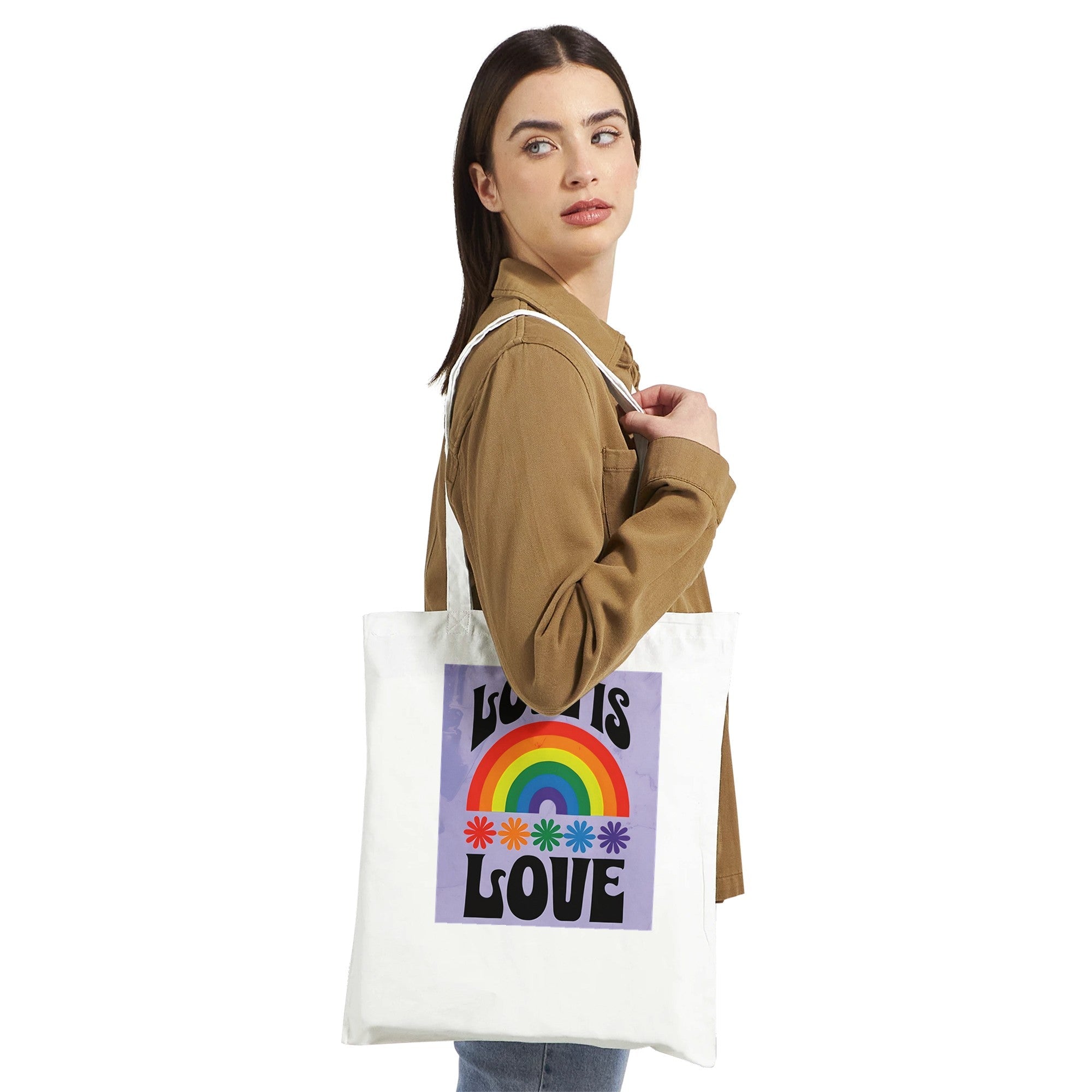 Love Is Love Tote Bag – LGBTQ+ Pride Rainbow Shopper Bag - Eco-Friendly Reusable Cotton Tote with Retro 70s Style Design
